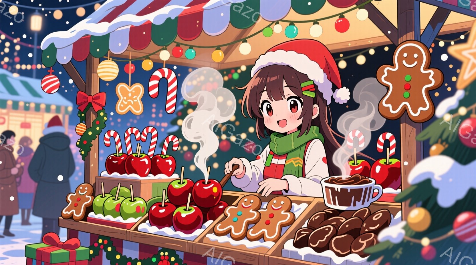 明るい色の屋台で、緑色のマフラーと赤いエプロンを身につけた少女が、リンゴ飴やジンジャーブレッドクッキーを売っています。彼女は茶色の髪をツインテールにし、笑顔で熱い飲み物を提供しており、クリスマスの飾りや雪が舞う背景が、暖かくお祭りの雰囲気を醸し出しています。プレゼントボックスや色とりどりのキャンディケーンが、さらに冬の喜びを強調しています。