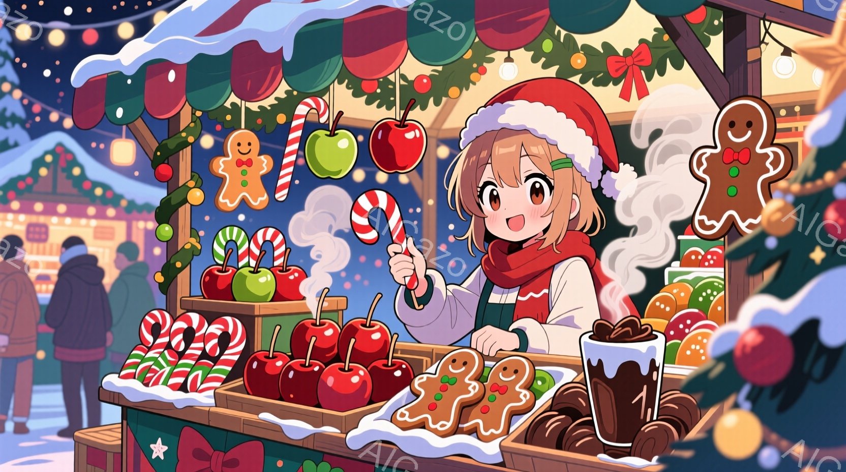クリスマスの屋台でキャンディアップルを販売する若い女性を描いています。彼女は白いセーターに赤いサンタ帽をかぶり、明るい笑顔を浮かべており、ポニーテールで髪をまとめています。背景には、クリスマスツリー、 - AI生成フリー素材