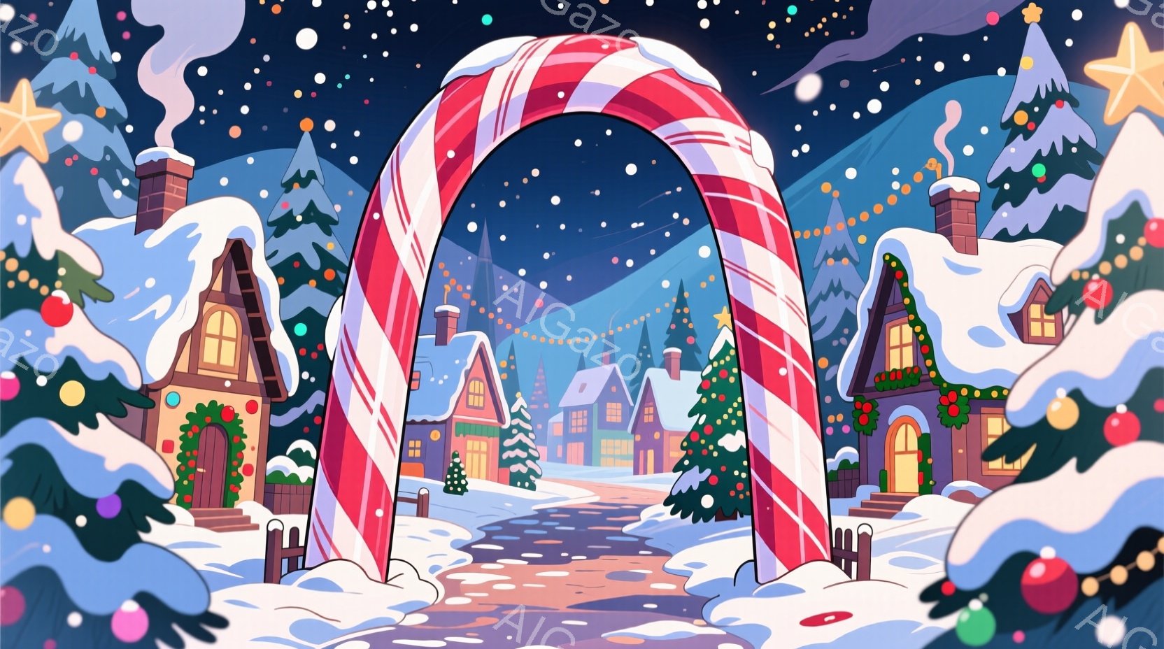 雪が舞う冬の風景が描かれており、中央には巨大なキャンディケーンのアーチが印象的です。背景には可愛らしい家々が並び、それぞれがクリスマス装飾で彩られています。全体的に温かく、幻想的な雰囲気が漂い、クリス - AI生成フリー素材