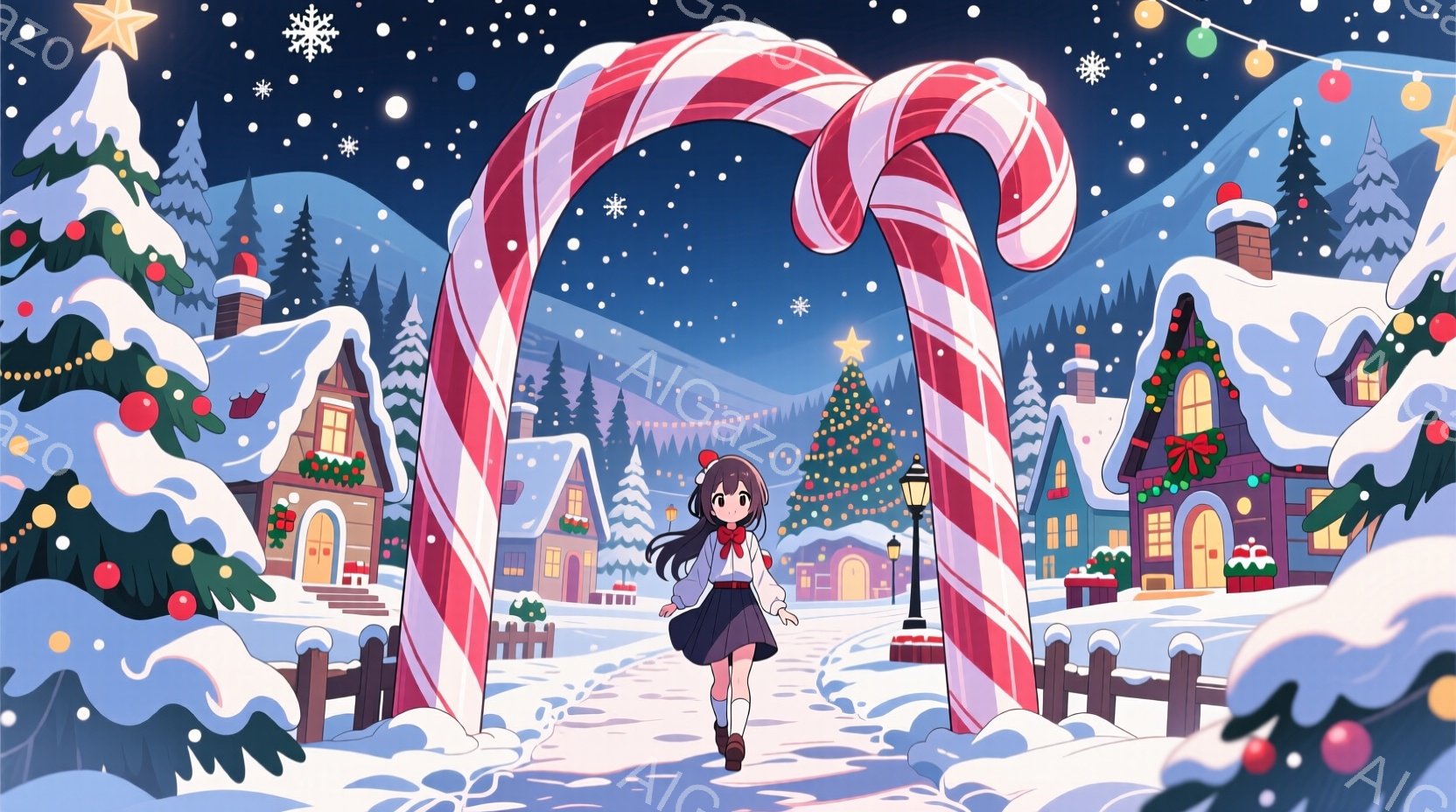 雪が舞う夜の街並みが描かれており、少女が巨大なペパーミントキャンディのアーチを歩いています。彼女は茶色の長い髪で、白いセーラー服を着ており、笑顔で前を見つめています。背景には、雪で覆われた家々やクリスマスツリーが並び、温かく幻想的な雰囲気を醸し出しています。