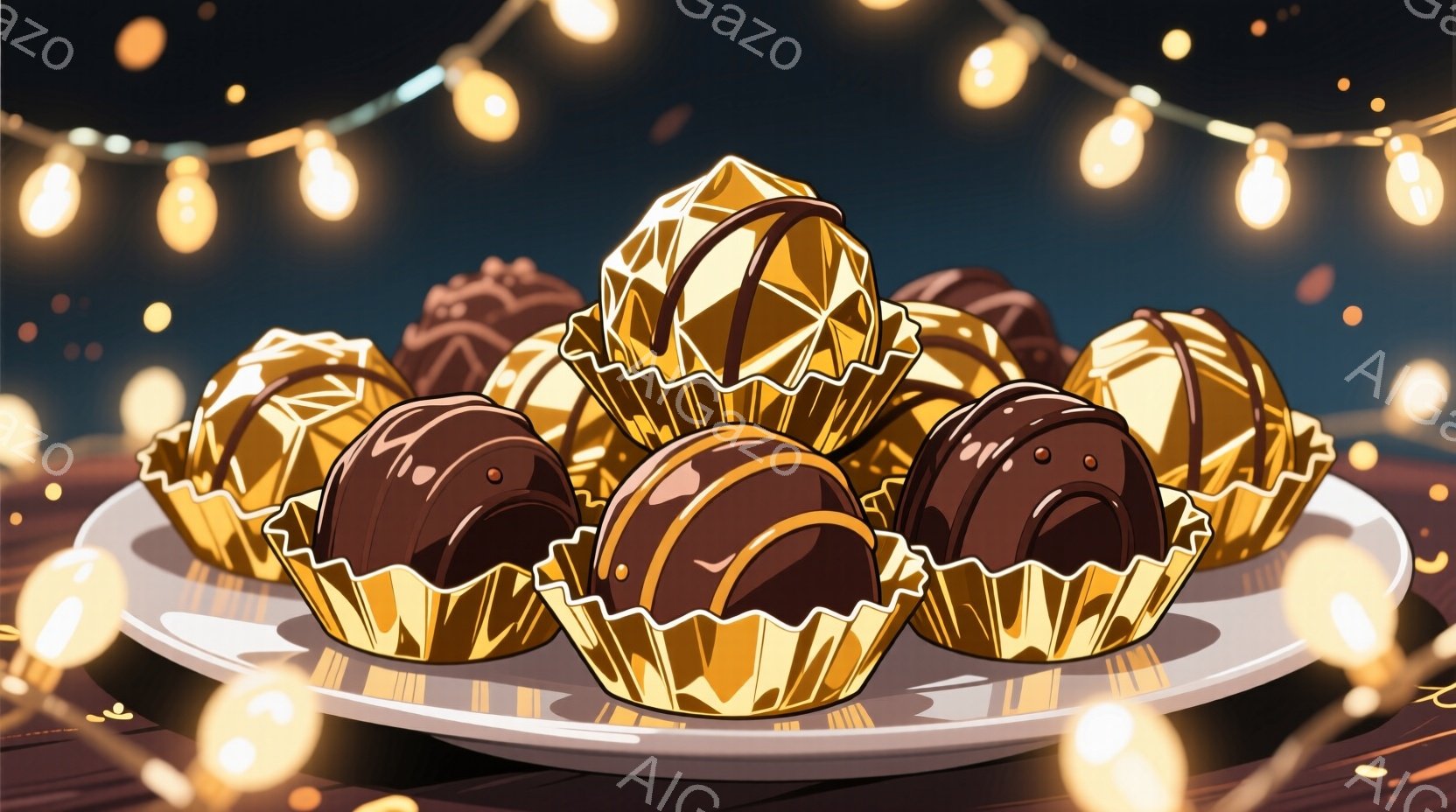 チョコレートの盛り合わせが、金色のカップに入って白い皿に並べられています。背景にはぼんやりとした木製のテーブルと、暖色系の光が点在するぼかしがあります。全体的に、お祝いや贅沢な雰囲気を感じさせます。 - AI生成フリー素材