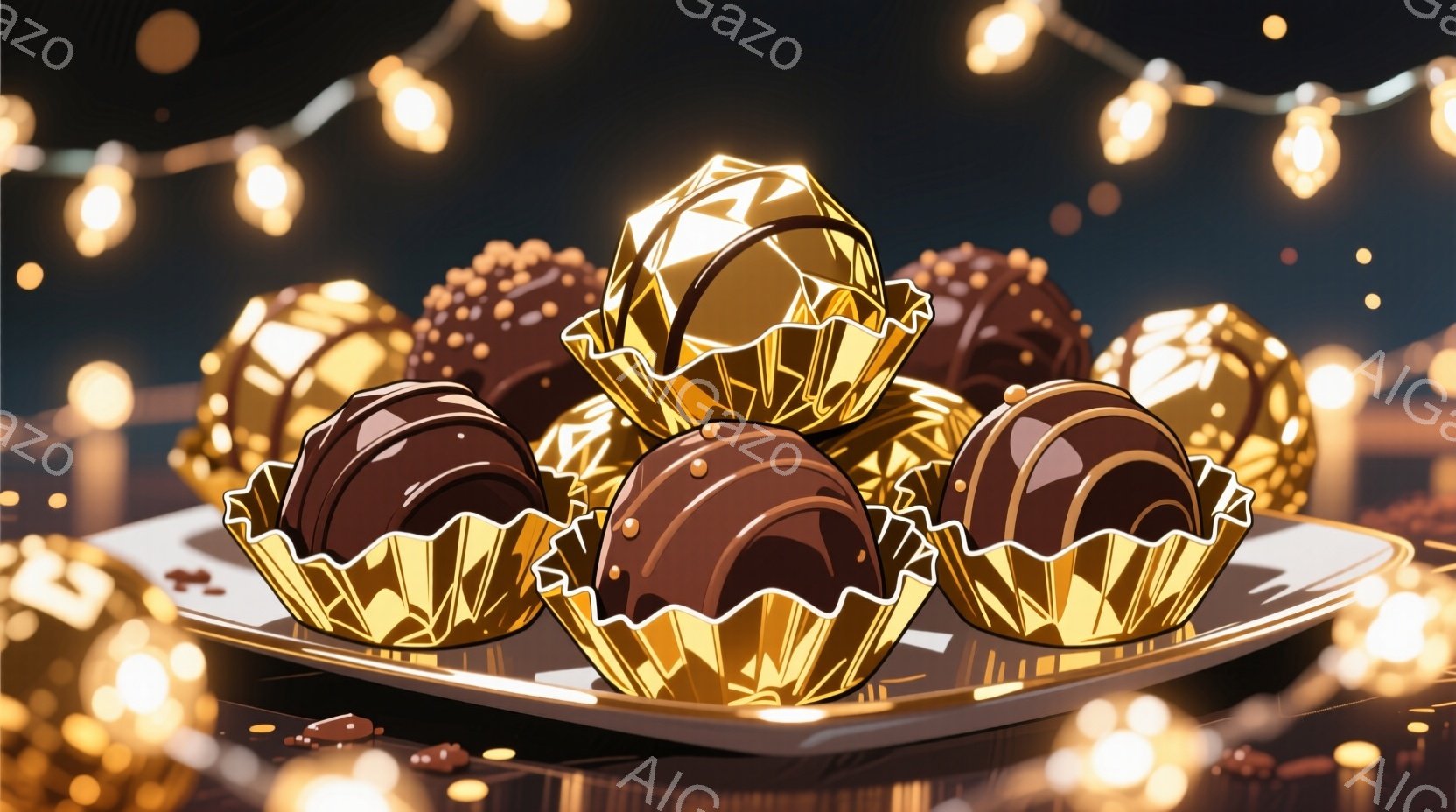 チョコレートが紙製の金色のカップに入って白い皿に並べられています。背景にはぼやけた金色の光が散りばめられ、お祝いや特別な日の雰囲気を醸し出しています。チョコレートは深みのある茶色で、光沢があり、食欲を - AI生成フリー素材