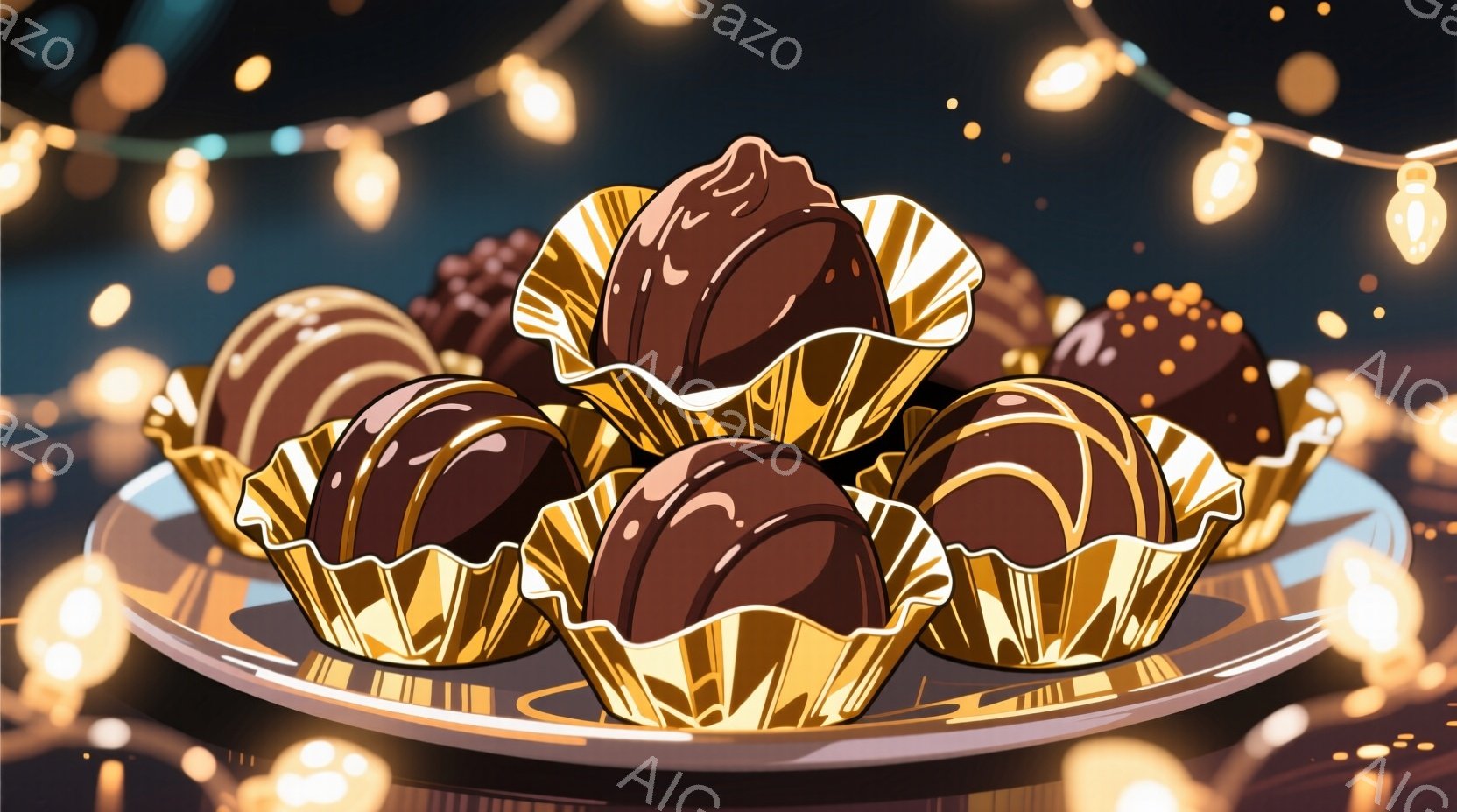 チョコレートが紙製のカップに入って、銀色の皿に盛り付けられています。背景には、ぼやけた光のストリングライトが散りばめられ、チョコレートを強調しています。全体的に、暖かく、甘いお菓子の雰囲気が漂っていま - AI生成フリー素材