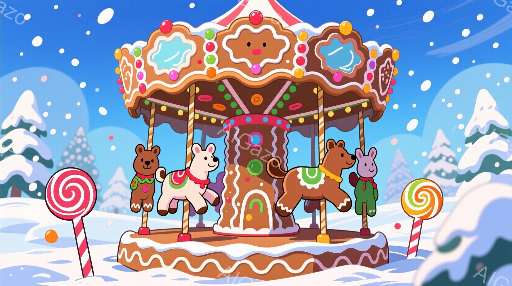 ジンジャーブレッドで作られたメリーゴーラウンドが雪景色の中にあります。メリーゴーラウンドには、緑の襟付きの赤いコートを着たクマ、白い馬、そして同様の服装をした別のクマがいます。背景には雪に覆われた松の木があり、雪が舞い散る冬のワンダーランドのような雰囲気です。