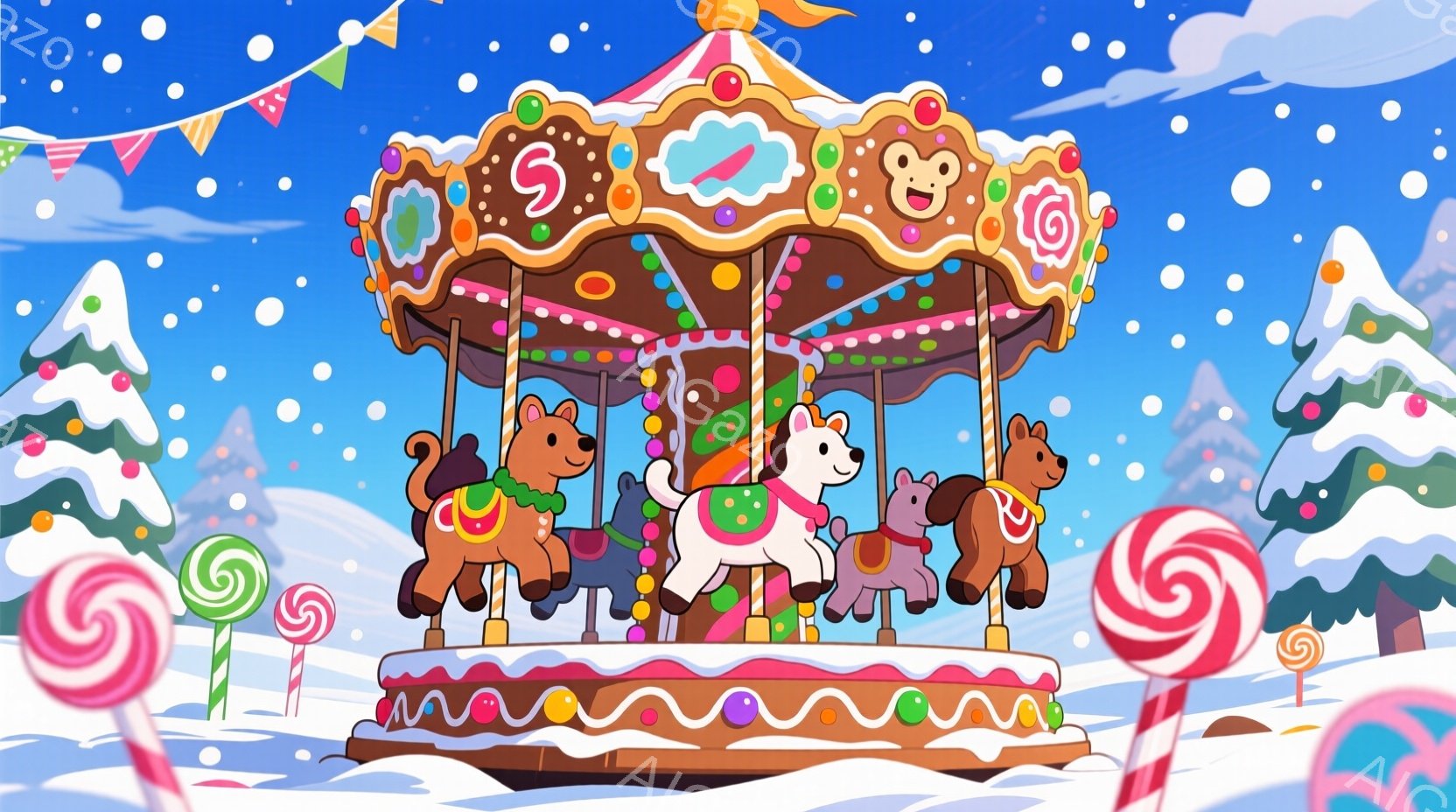 雪が降る冬の風景の中に、可愛らしいメリーゴーランドが描かれています。各馬は異なる色で装飾され、楽しそうに走る様子が表現されています。背景には、雪で覆われた木々とキャンディが点在し、おとぎ話のような暖か - AI生成フリー素材