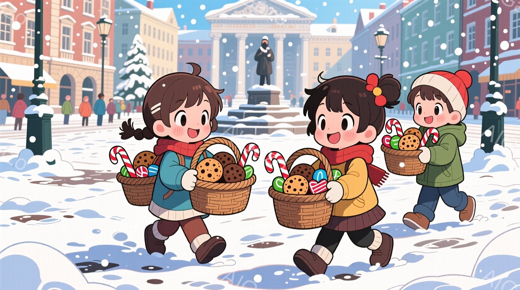 ３人の子供たちは、雪が降る街路をバスケットを抱えて走っています。それぞれ赤い帽子やリボン、茶色の髪型で、嬉しそうな表情をしています。背景には、雪で覆われた建物や自然があり、お祭りやクリスマスの楽しい雰 - AI生成フリー素材