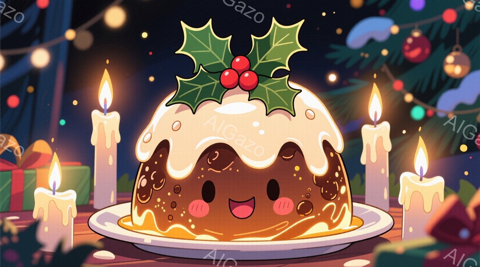 照り輝くプラムプディングが白いお皿に載っており、可愛らしい顔と頬の赤みが描かれています。背景には、ちらつくキャンドルとカラフルなクリスマスオーナメントが散りばめられており、暖かくお祝いムードを演出しています。全体的に、ほっこりとした温かいクリスマスの雰囲気が漂う、愛らしいイラストです。