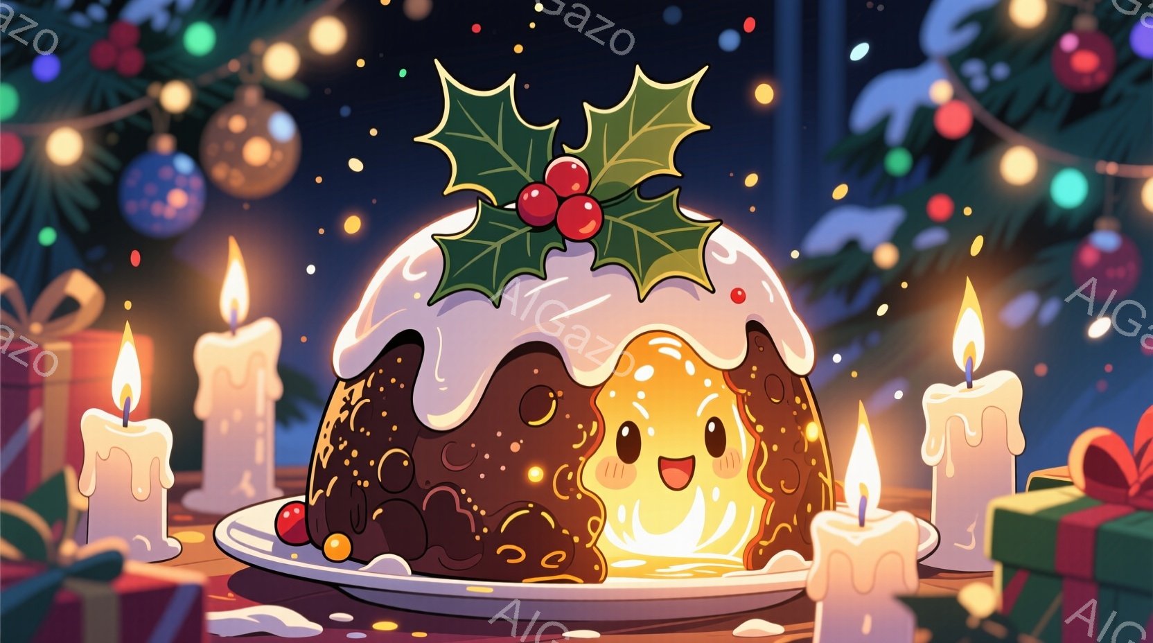 クリスマスプディングが可愛らしい表情で描かれており、まるで生きているかのような印象を与えます。プディングの上にはホーリーが飾られ、周囲には光るキャンドルとカラフルなオーナメントが配置されています。背景は暗く、キャンドルの光が温かく輝き、祝祭の雰囲気を高めています。