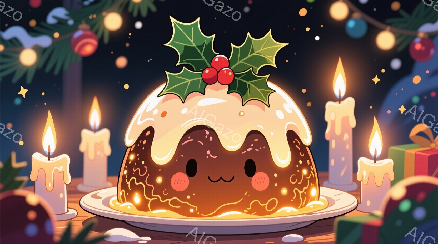 画面中央には、可愛らしい表情をしたクリスマスプディングが描かれています。プディングはクリームとキャラメルソースで覆われ、緑色の葉と赤い実で飾られています。背景には、灯されたキャンドルやクリスマスオーナメントが散りばめられ、温かくお祝いムードに満ちた雰囲気を醸し出しています。