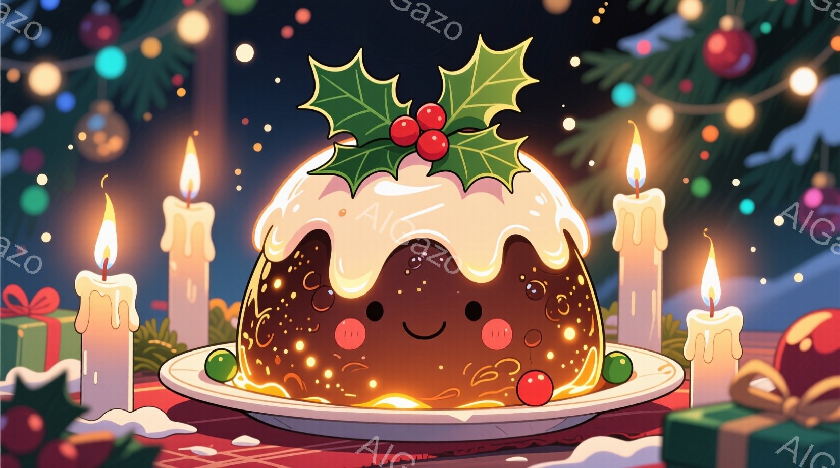 焼き上がったクリスマスプディングが、白い皿に乗って中央に配置されています。プディングには可愛らしい目と口が描かれており、赤い実と緑の葉で飾られています。背景には、キラキラと光るクリスマスツリーの飾りと、点在するロウソク、そしてプレゼントの箱が見え、暖かくお祝いの雰囲気が漂っています。
