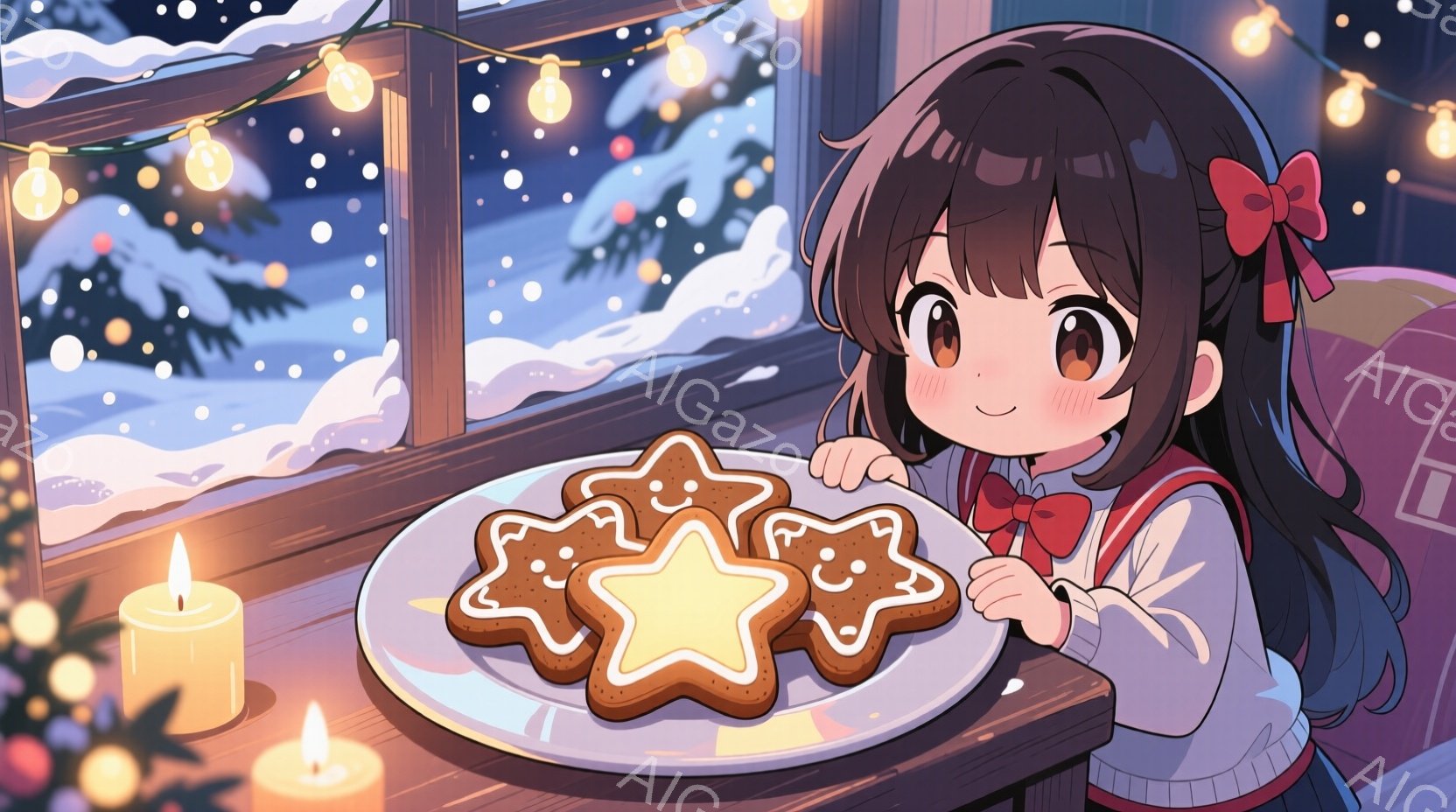 茶髪の少女が窓辺に座り、クッキーの皿を見つめている。彼女は白いセーターに赤いリボンをつけ、頬を赤らめて幸せそうに微笑んでいる。背景には雪が降る森と、温かい光を放つキャンドルと電飾があり、温かく穏やかな - AI生成フリー素材