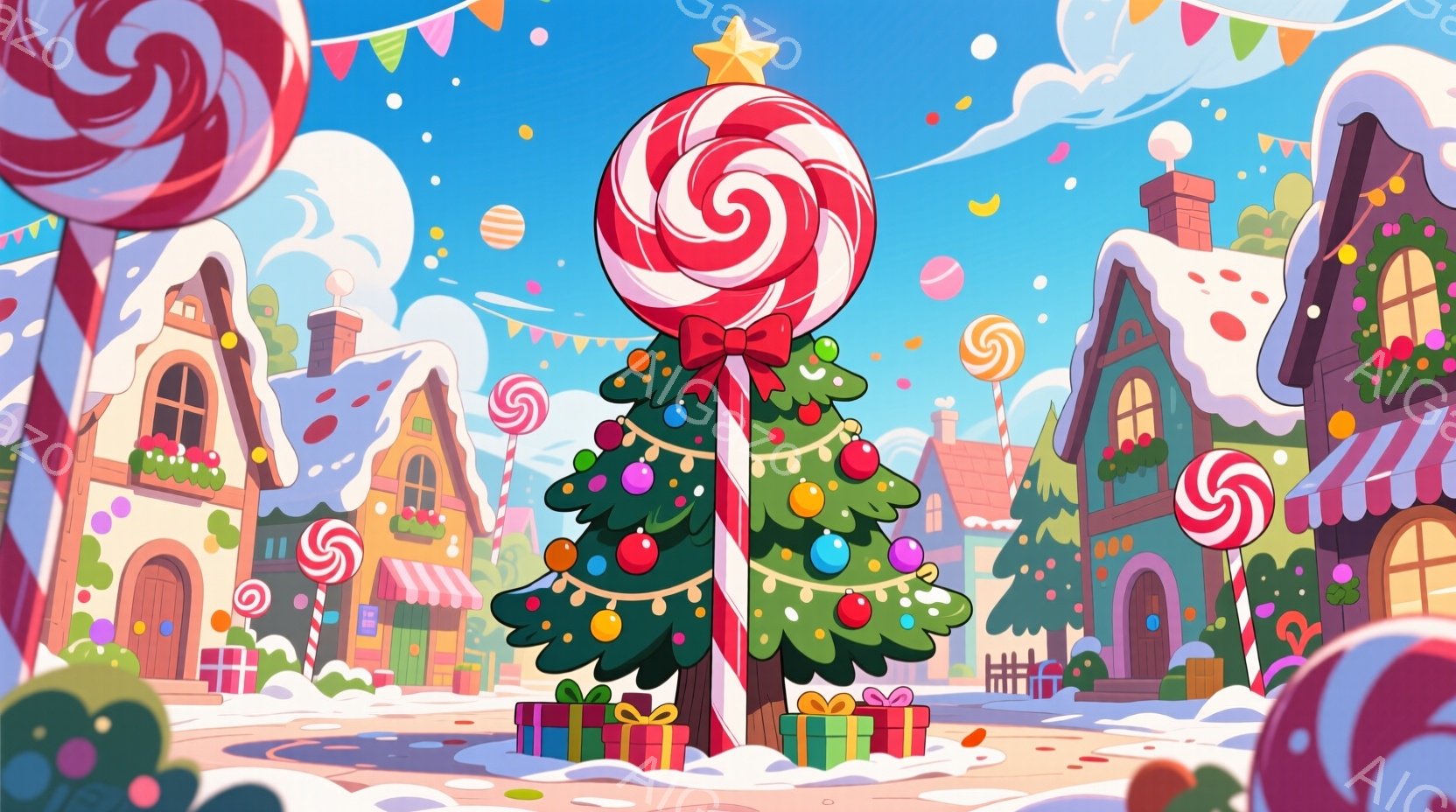 カラフルで可愛らしい冬の街並みが描かれています。クリスマスツリーがキャンディの棒のようになっているのが特徴的で、背景にはお菓子のような家々や雪が積もったフェンスが見えます。全体的に暖かく、お祝いムード - AI生成フリー素材