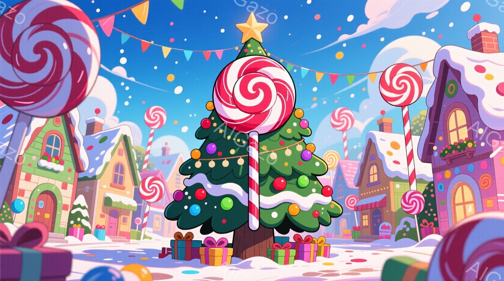 カラフルなキャンディが特徴的な冬の街並みが描かれています。クリスマスツリーがキャンディで飾られ、周囲にはプレゼントの箱が散りばめられています。背景には、お菓子のような可愛らしい家々が並び、雪が舞う幻想 - AI生成フリー素材