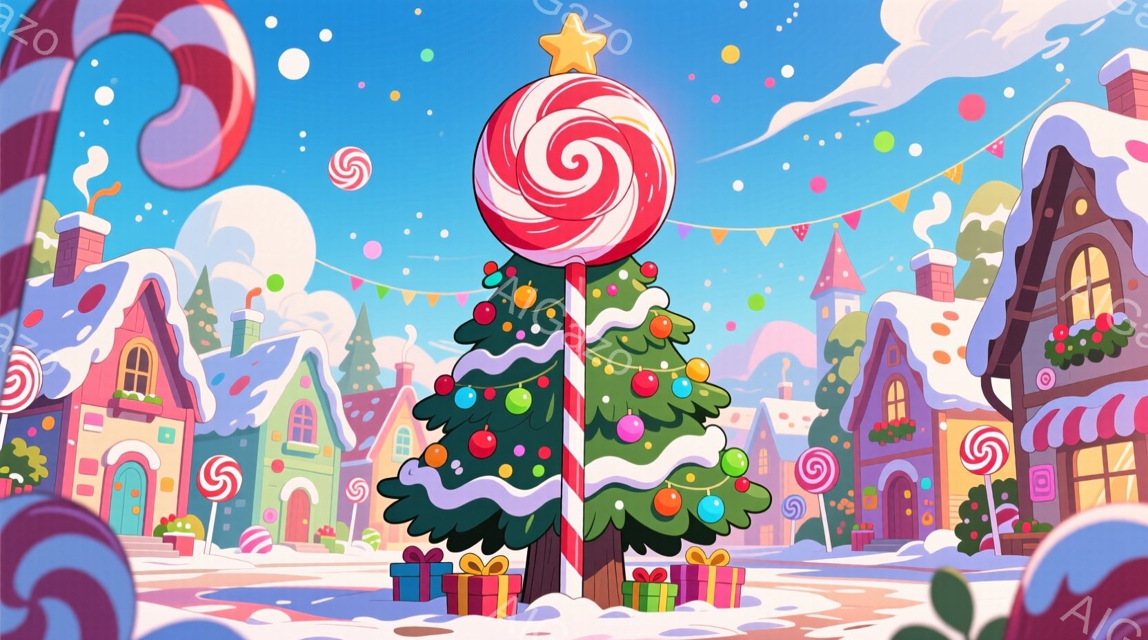 カラフルで可愛らしい冬の風景が描かれています。中央には大きなクリスマスツリーがあり、キャンディのようなトップスターが飾られています。背景には、雪で覆われたお菓子のような家々が並び、暖かく幻想的な雰囲気 - AI生成フリー素材