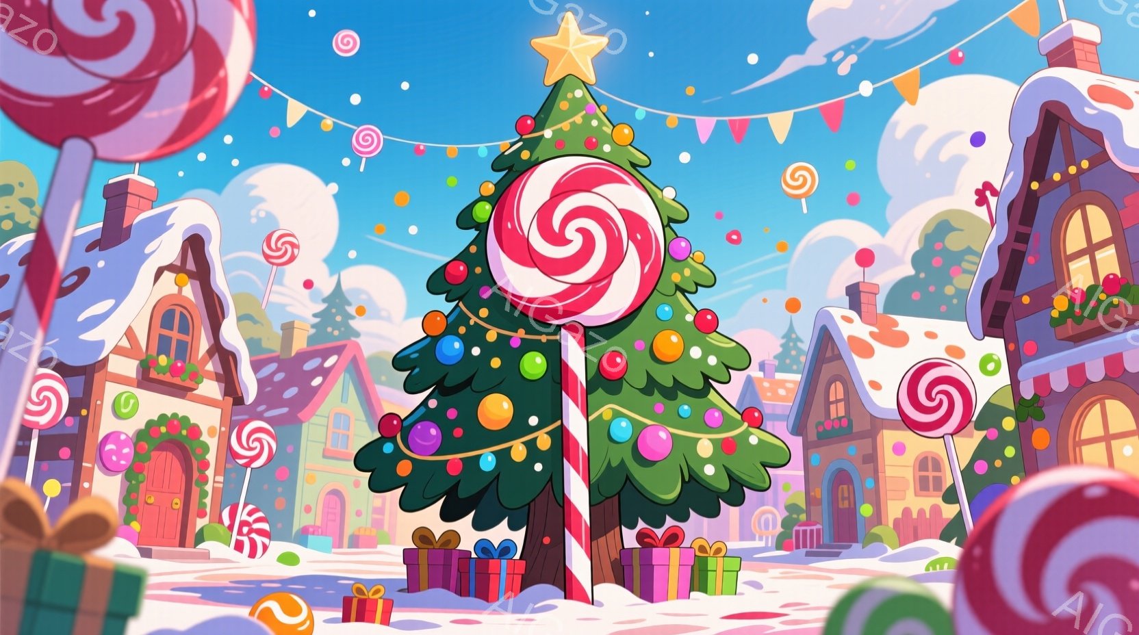 カラフルなキャンディとプレゼントで飾られたクリスマスツリーが中央にあります。背景には、雪に覆われた可愛らしい家々が立ち並び、大きなキャンディが空に浮かんでいます。全体的に、甘くて楽しいお祭りのような、 - AI生成フリー素材