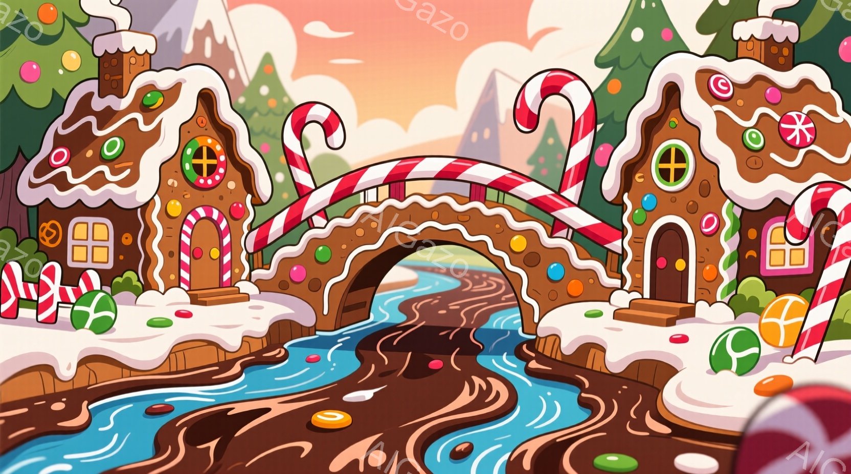 お菓子の家やキャンディの装飾が施された幻想的な風景を描いています。茶色い川が流れており、その上にはペパーミントキャンディで作られたアーチ型の橋が架かっています。背景には、お菓子の家々が立ち並び、雪と可 - AI生成フリー素材