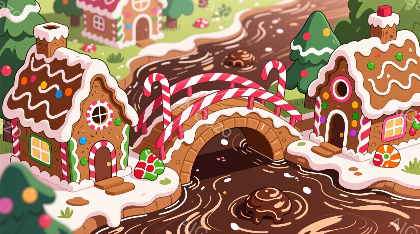 お菓子の家々が並ぶ幻想的な風景を描いています。チョコレート色の川の上にペパーミントキャンディで作られたアーチ型の橋が架かり、家々はジンジャーブレッドやクッキーで作られているように見え、カラフルなキャンディやアイシングで飾られています。全体的に温かく、遊び心あふれる、まるで絵本の世界のような雰囲気です。