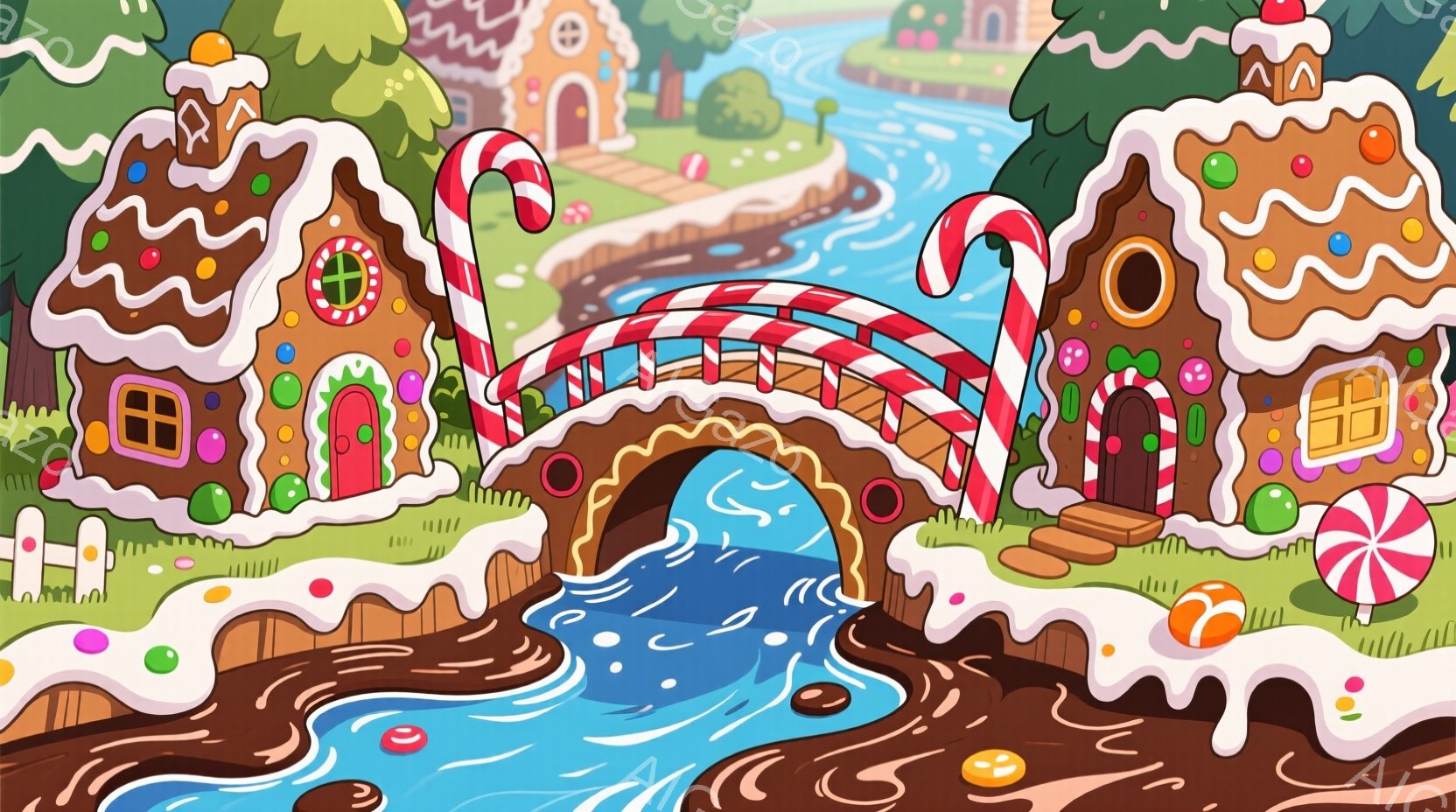 お菓子でできた家々が並ぶ幻想的な風景を描いています。チョコレートで覆われた地面にはキャンディやクッキーが散りばめられ、ジンジャーブレッド風のアーチ橋が、青い小川の上を優雅に架かっています。背景には、色 - AI生成フリー素材