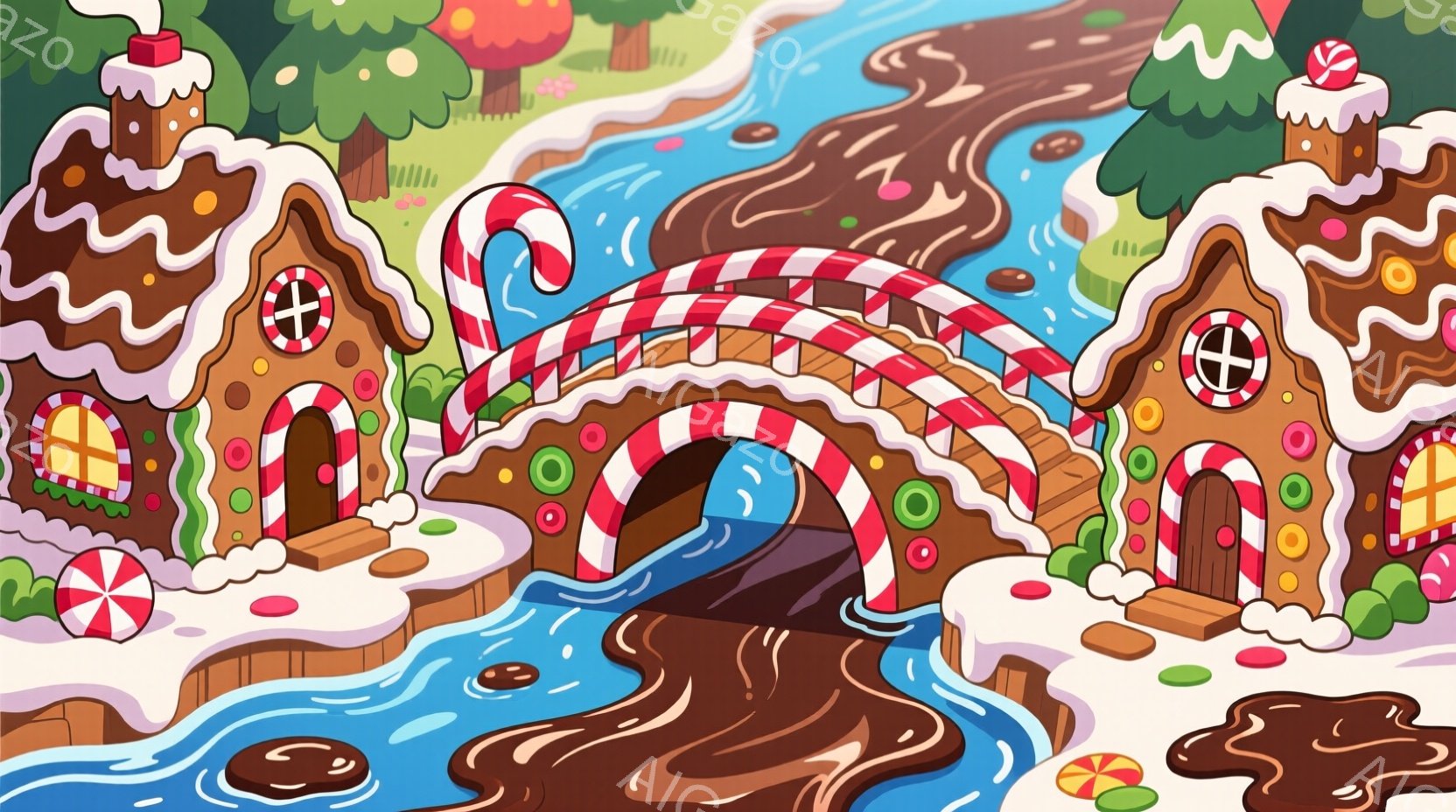 キャンディケーンでできたアーチ橋が、チョコレート色の川の上にかかっている様子を描いています。橋の両側には、ジンジャーブレッドハウスのような建物が立ち並び、キャンディやクッキーで飾られています。背景には雪に覆われた木々があり、全体的に甘くてファンタジーな雰囲気です。