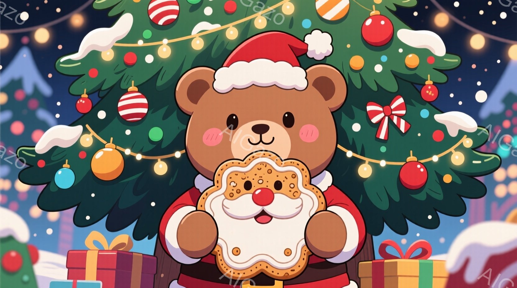 暖炉の前に飾られたクリスマスツリーの前で、クマがサンタクロースの衣装を着てクッキーを食べている様子が描かれています。クマは赤いサンタの帽子と衣装を着ており、頬は赤く染まり、幸せそうな表情をしています。 - AI生成フリー素材