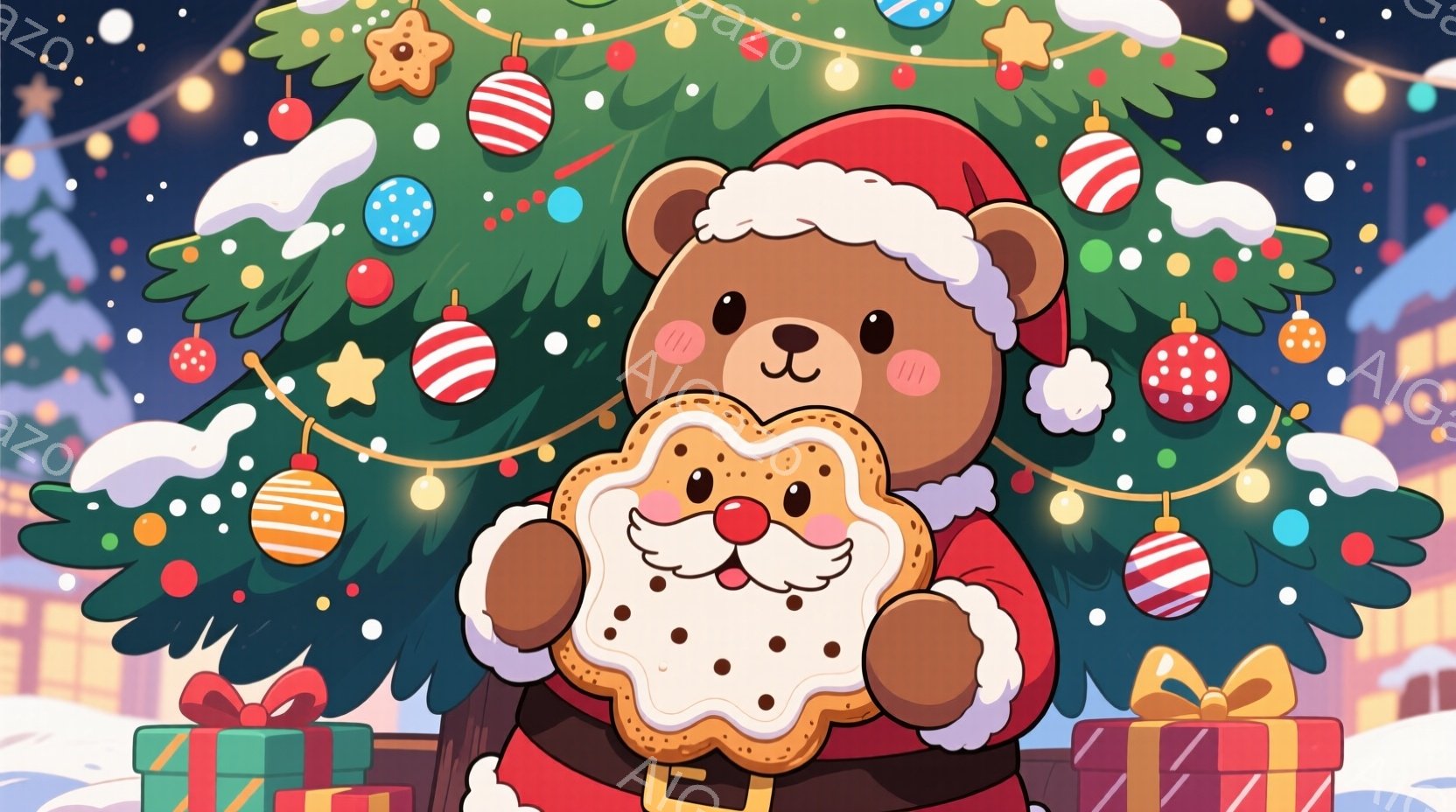 ふわふわの茶色のクマが、サンタ帽と赤い衣装を着て、大きなクッキーを両手で抱えて美味しそうに食べています。背景には、飾り付けられたクリスマスツリーやプレゼントの箱が置かれ、雪が舞う冬の景色が広がっていま - AI生成フリー素材
