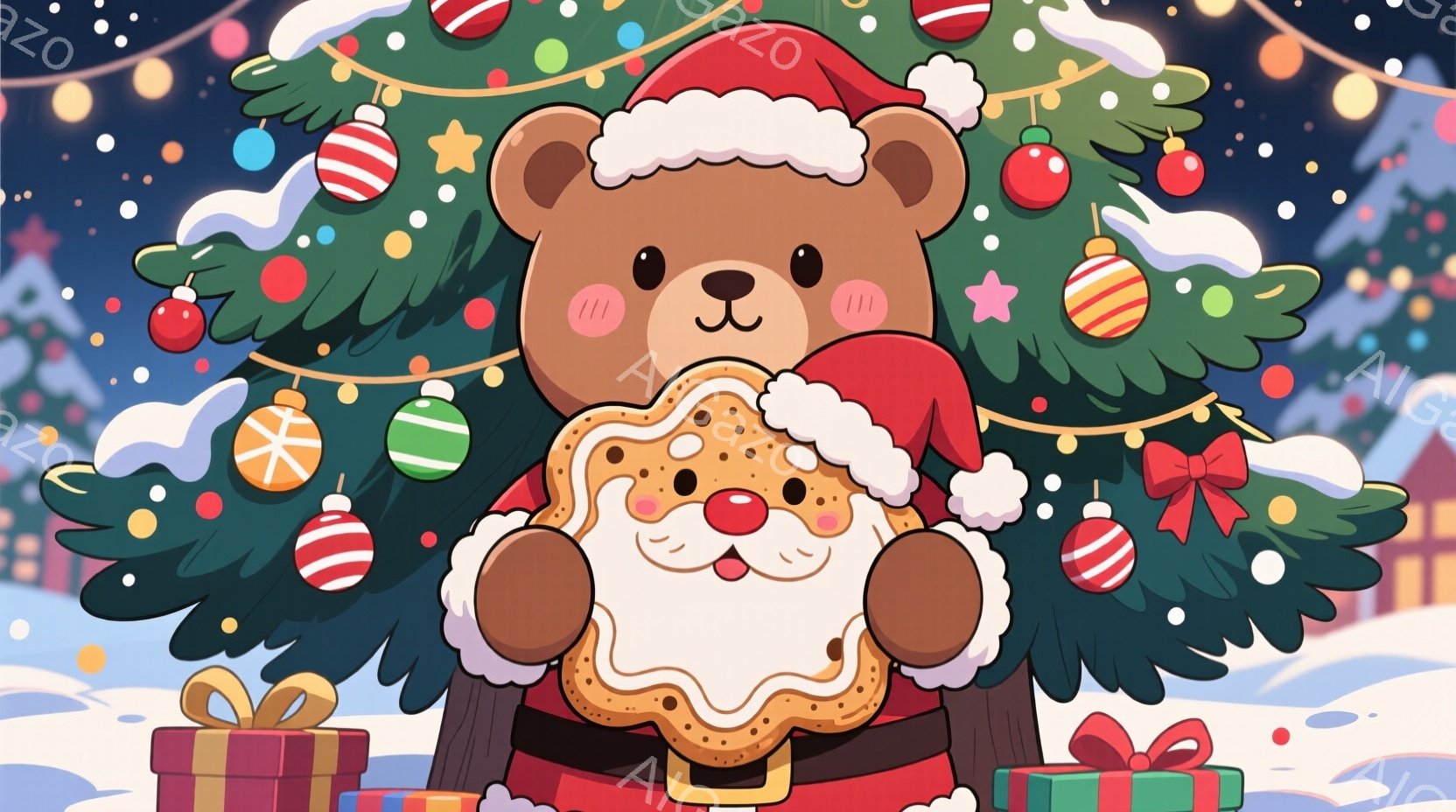 可愛らしいクマがサンタクロースの衣装を着て、大きなクッキーを両手で抱えています。背景にはクリスマスツリーが飾られ、プレゼントの箱と雪が降る冬の景色が広がっています。全体的に暖かく、幸せなクリスマスの雰 - AI生成フリー素材