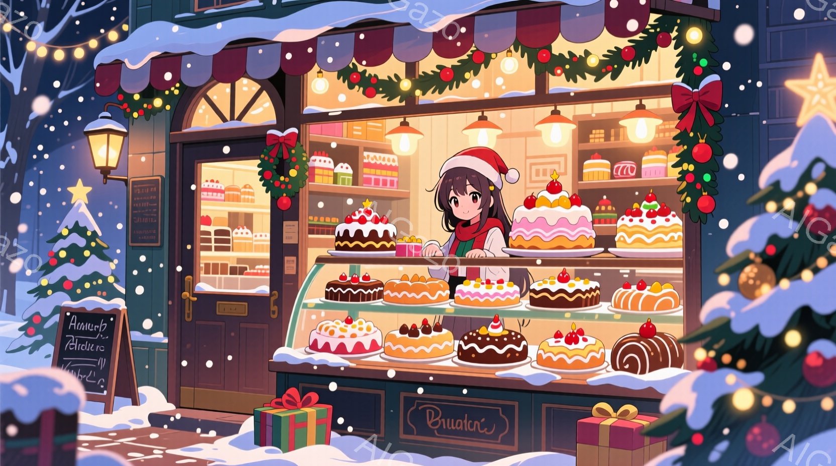 雪が降り積もる街並みの中に、クリスマスケーキが並んだ可愛らしいお店があります。赤いサンタ帽をかぶった少女が、カウンター越しに少し照れくさそうな笑顔を浮かべており、店内は色とりどりのケーキで溢れ、暖かく華やかな雰囲気が漂っています。背景には、飾り付けられたクリスマスツリーと雪景色が広がり、クリスマスの喜びと温かさを感じさせるイラストです。