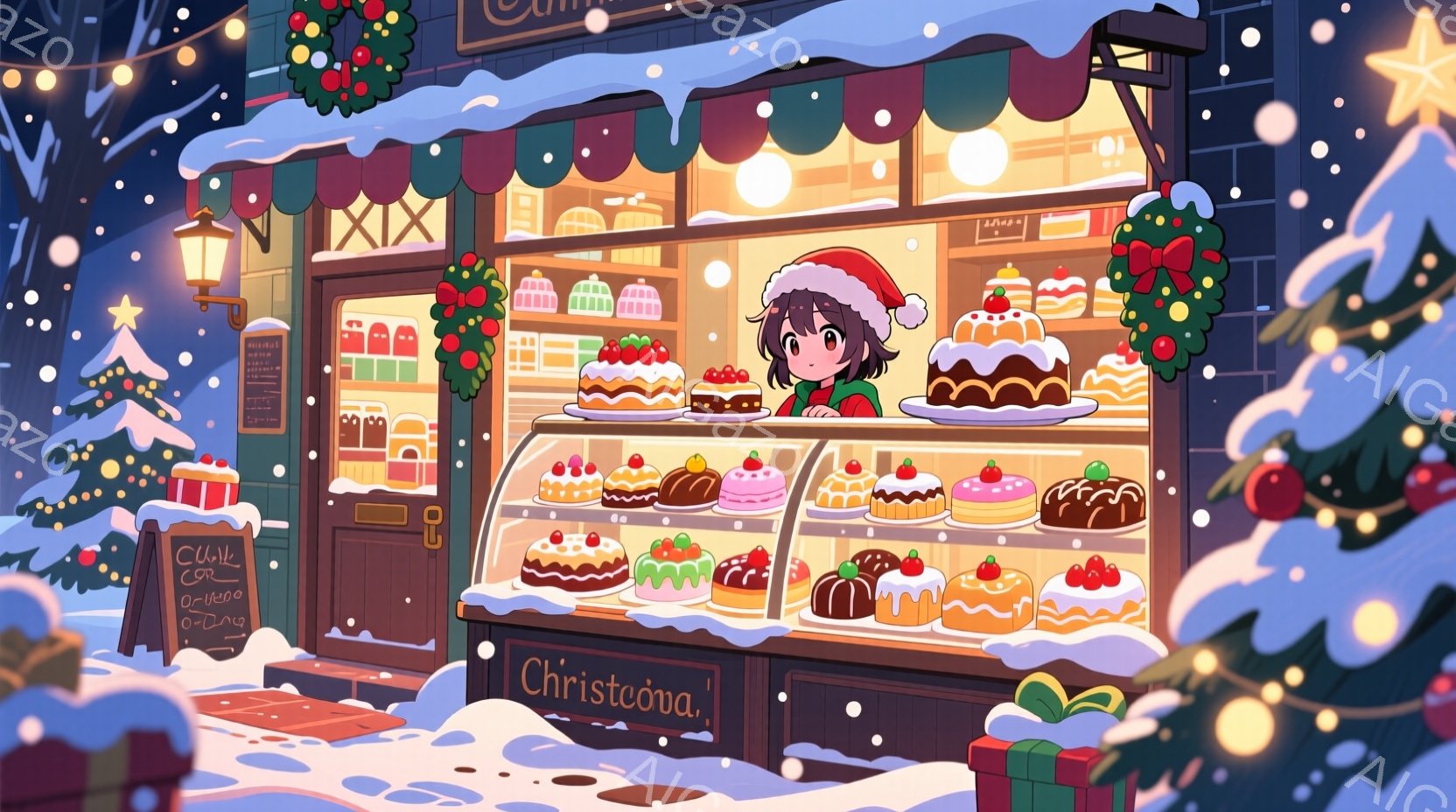 雪が降る冬の日に、ショーケースの中に様々なケーキが並んだ小さなケーキ屋の店員が描かれています。黒髪のポニーテールで、赤いセーターを着た女の子は、少し恥ずかしそうに微笑みながら、ショーケース越しにこちらを見ています。背景には、クリスマスツリーや装飾が施された建物が見え、温かく、そして穏やかなクリスマスの雰囲気が漂っています。