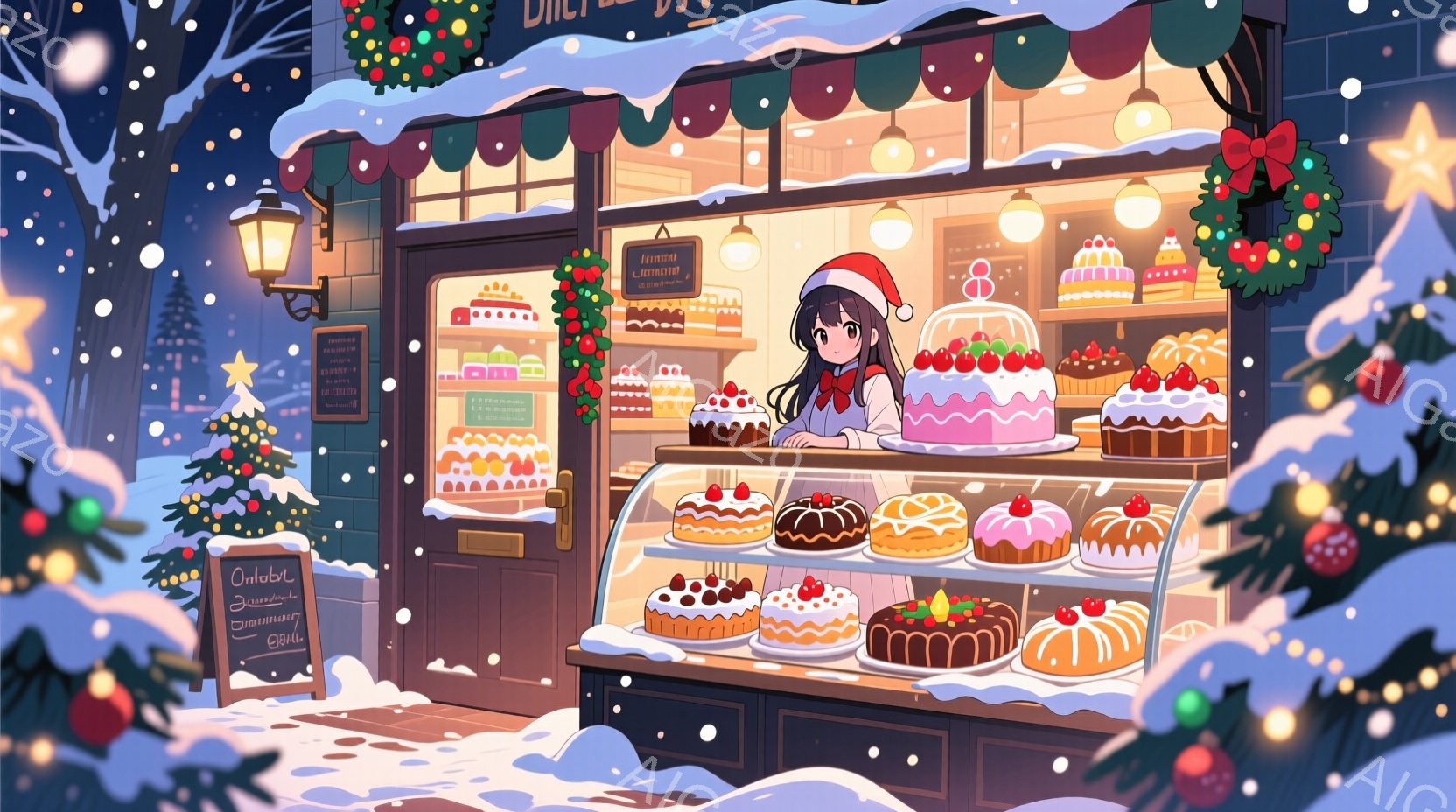 雪が降り積もる中で、クリスマス飾りが施された店先で、赤い帽子をかぶった少女がケーキを並べている。彼女は黒髪で、少し微笑んでいるように見え、温かい雰囲気を醸し出している。背景には可愛らしい建物と、きらめ - AI生成フリー素材