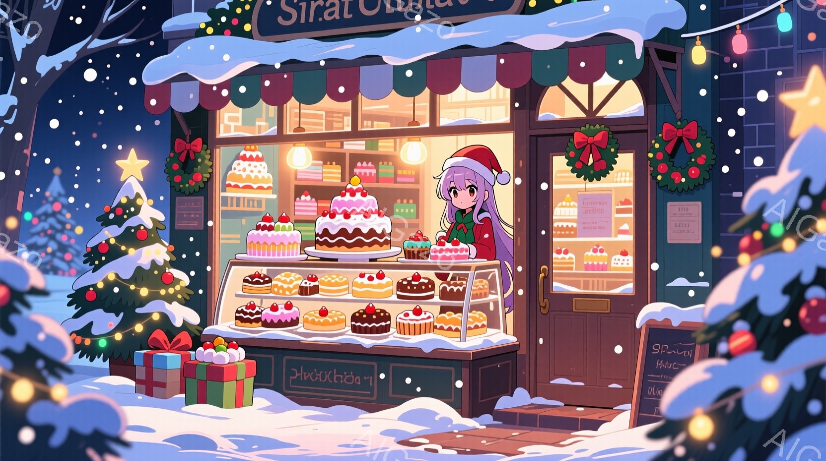 雪が降るクリスマスの日に、ケーキ屋さんのショーケースの前に立つ少女が描かれています。彼女は赤いサンタ帽をかぶり、緑のセーターを着ており、笑顔でショーケースの中のカラフルなケーキを見つめています。背景には、クリスマス装飾が施されたお店と雪景色が広がり、温かく、お祝いムードに満ちた雰囲気が漂っています。