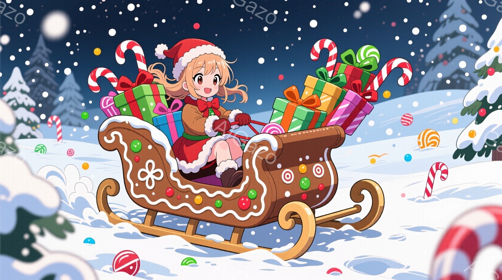 金髪で赤い帽子をかぶった少女が、クッキーのようなそりに乗って雪の中を走っている。彼女は赤いコートとブーツを身につけ、笑顔でそりを操っている。背景には雪に覆われた木々と、カラフルなキャンディケーンやオー - AI生成フリー素材