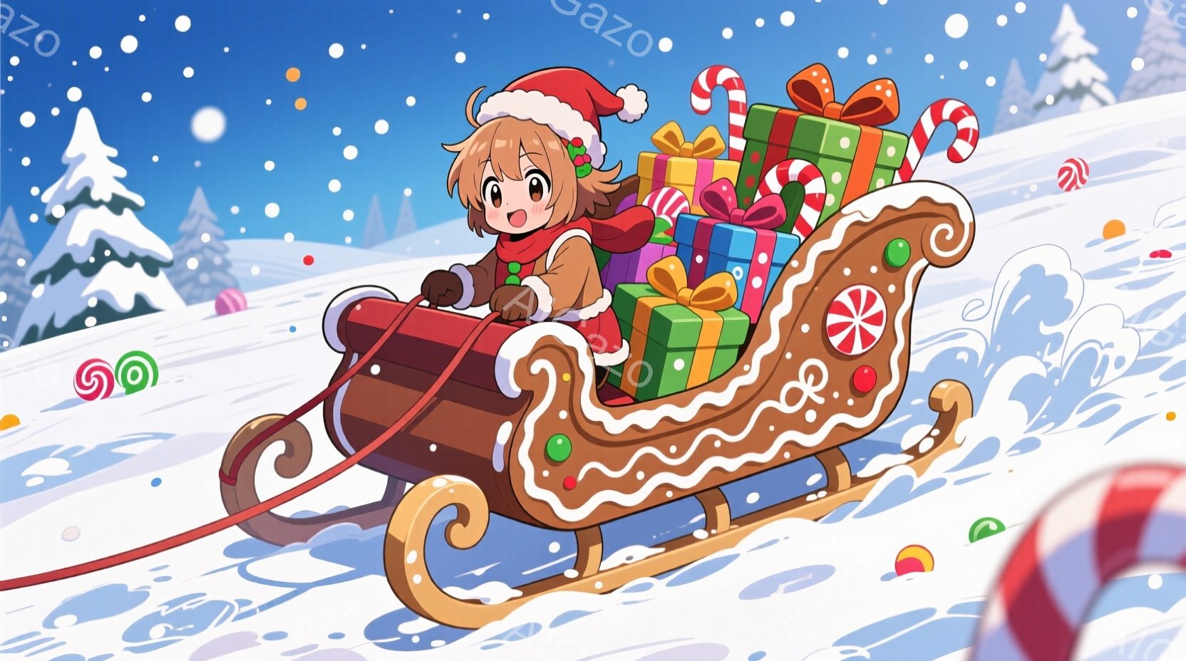 雪景色の中で、サンタ帽をかぶった少女が、プレゼントでいっぱいのそりを運転しています。彼女は明るい笑顔で、赤いコートを着ており、茶色の髪は肩まで伸びています。背景には雪に覆われた木々と、雪が舞う冬の風景 - AI生成フリー素材