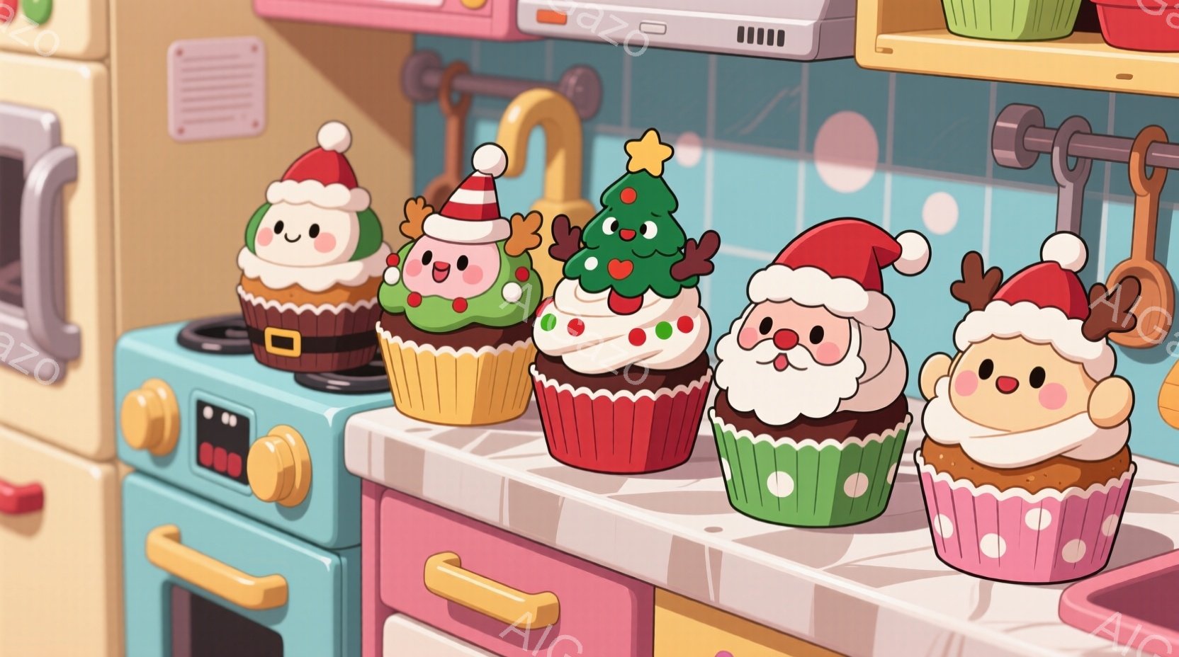 カラフルなキッチンカウンターに、クリスマスをテーマにしたカップケーキが並んでいます。それぞれがサンタクロースやトナカイ、クリスマスツリーをモチーフにした可愛らしい装いをしています。背景には、ピンクと水色のキッチン家電があり、全体的に温かく、楽しいクリスマスの雰囲気を醸し出しています。