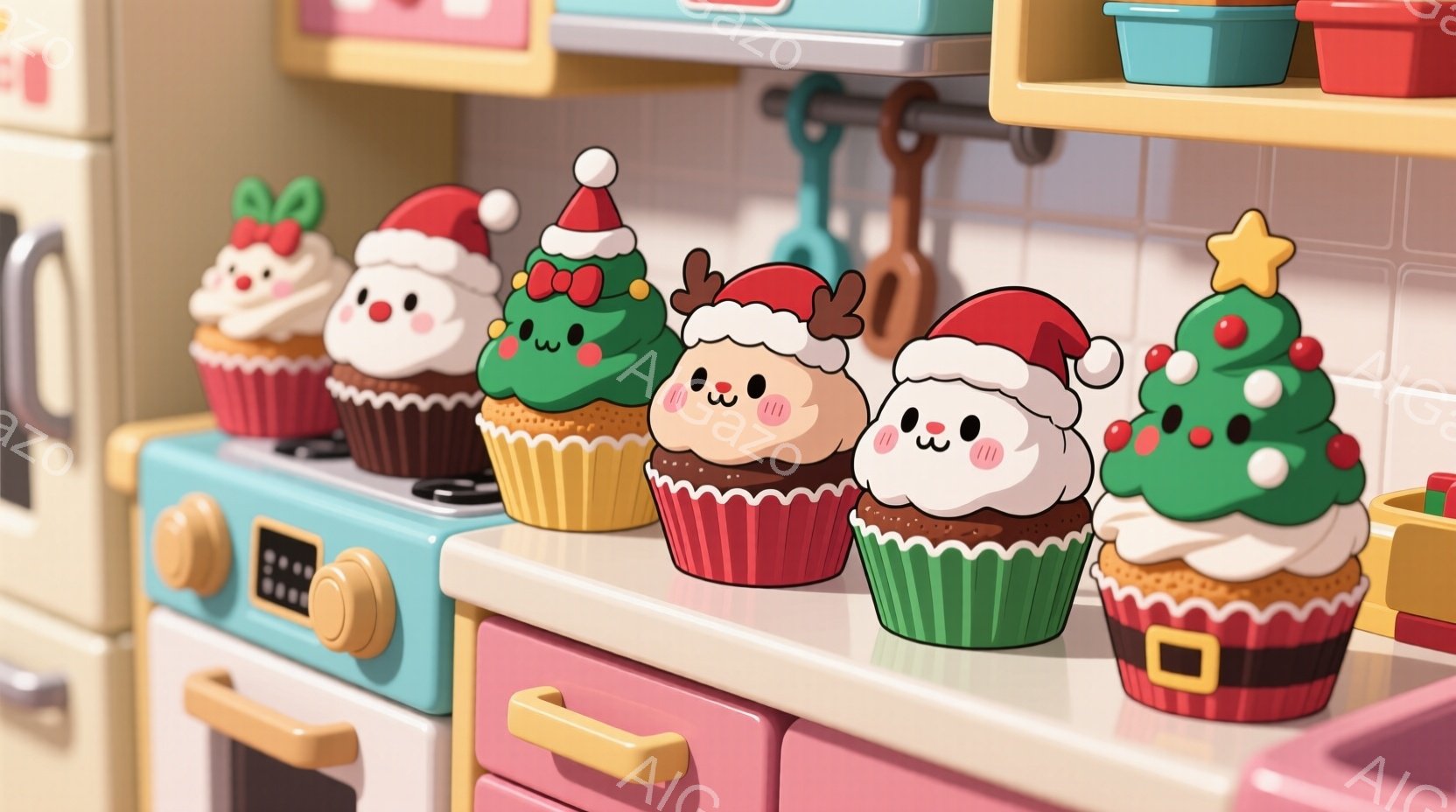 カラフルなカップケーキがキッチンカウンターに一列に並んでいます。それぞれクリスマスをテーマにした帽子や装飾が施され、可愛らしい表情をしています。背景にはピンク色のキッチンキャビネットと青色のコンロがあり、温かく楽しいクリスマスの雰囲気を醸し出しています。