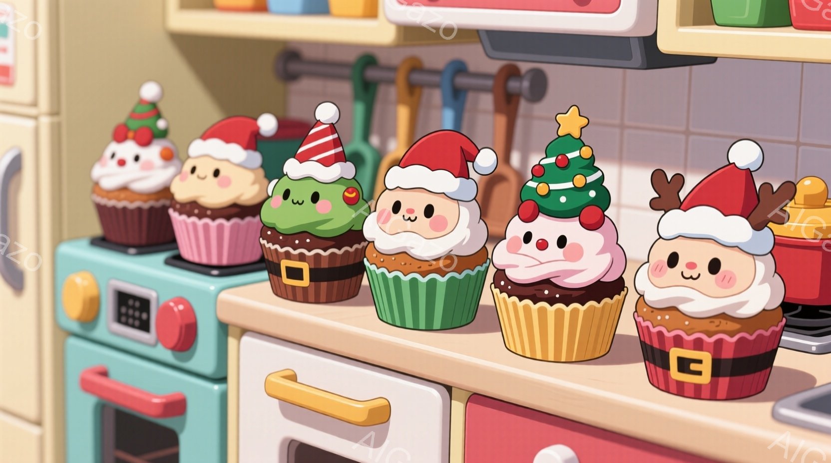 カプチーノ色のカウンターの上に、クリスマスの飾りをつけたカップケーキが並んでいます。各カップケーキは、サンタクロース、トナカイ、クリスマスツリーなどの衣装を身につけており、可愛らしい表情をしています。背景には、ピンク色の冷蔵庫や調理器具が見え、暖かくお祝いムード満点のキッチン風景です。
