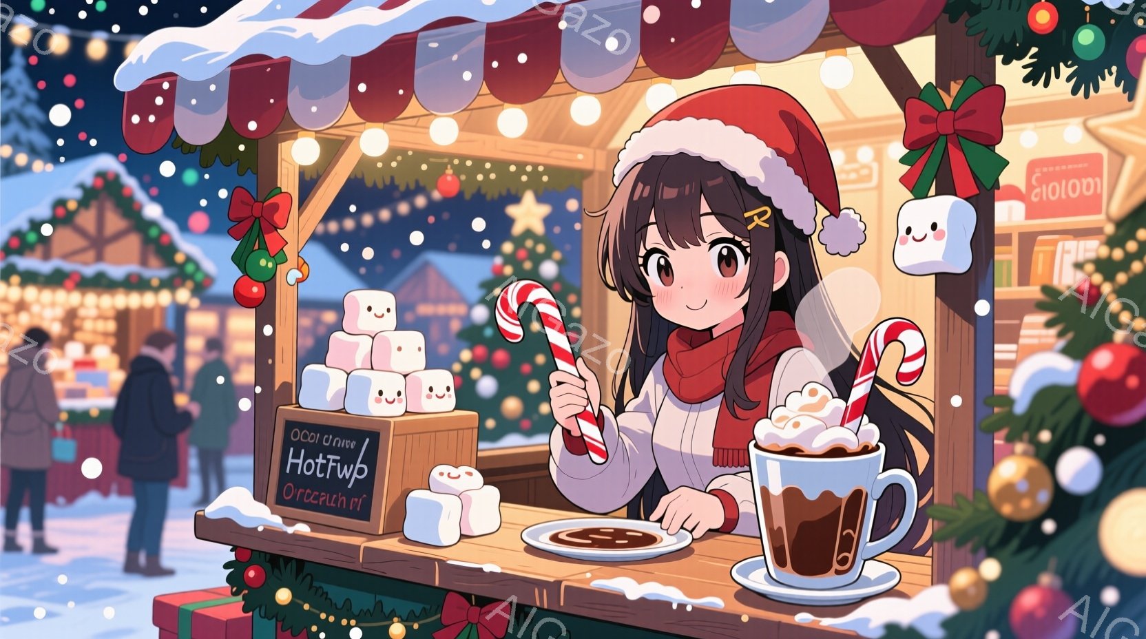 雪が降るクリスマスのマーケットを背景に、ホットチョコレートを販売する屋台の一コマを描いています。若い女性は、茶色の髪を三つ編みにし、赤いニット帽とマフラーを身に着け、笑顔でホットチョコレートを差し出しています。屋台はクリスマスツリーや飾り付けられたオーナメントで装飾され、雪景色と暖かな光が、温かく幸せな雰囲気を醸し出しています。