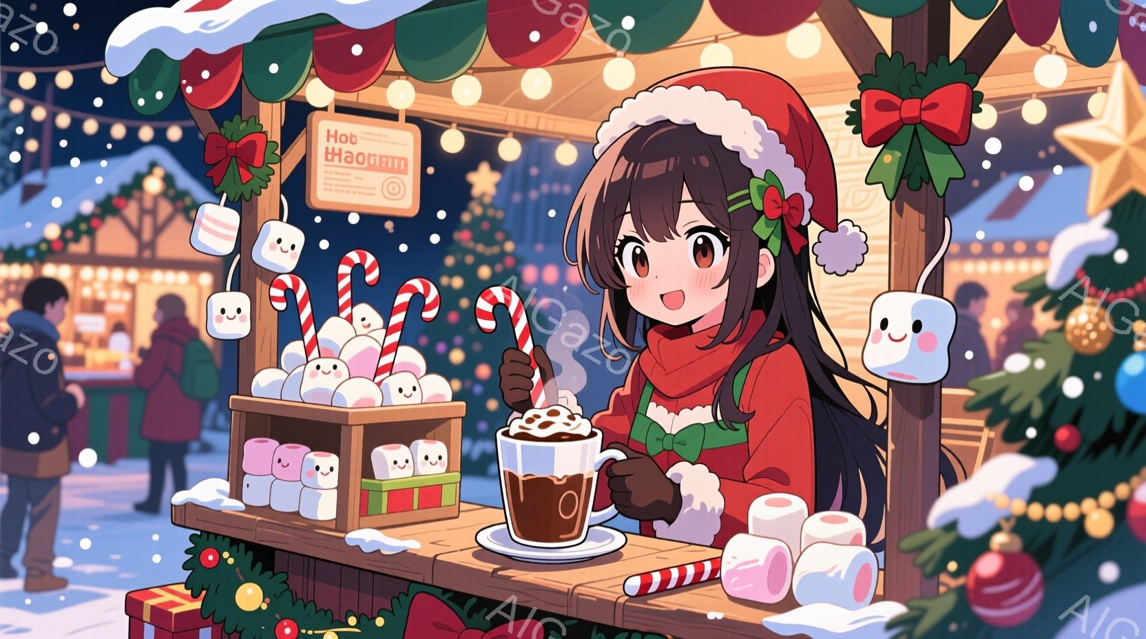 赤いクリスマスセーターと緑の帽子をかぶった若い女性が描かれています。彼女は温かい飲み物を持つカップを両手で抱え、笑顔で幸せそうに見えます。背景には、クリスマスマーケットのような賑やかな光景が広がり、雪 - AI生成フリー素材