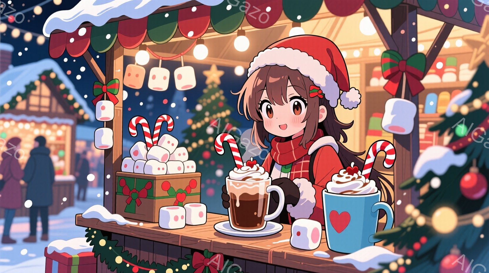 クリスマスマーケットの屋台で温かい飲み物を提供する若い女性が描かれています。彼女は赤いサンタ帽を被り、赤い格子柄のセーターと黒いコートを着ており、笑顔で温かい飲み物を提供しています。背景には雪が降る街 - AI生成フリー素材
