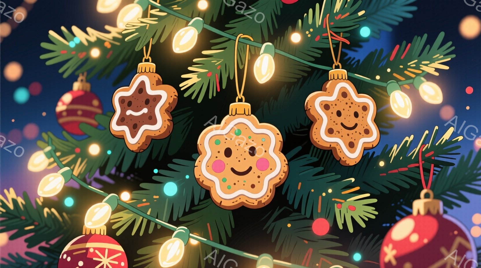 クリスマスツリーの枝に、笑顔のクッキーオーナメントが飾られています。赤いオーナメントボールや色とりどりのイルミネーションライトが、緑の葉と暖かく照らし出し、祝祭の雰囲気を醸し出しています。背景はぼやけ - AI生成フリー素材