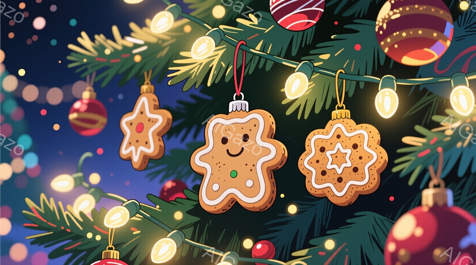 クリスマスツリーの枝に、ジンジャーブレッドクッキーが飾られています。クッキーはそれぞれ星形、人物形、花形をしており、アイシングで装飾され、可愛らしい表情をしています。背景にはぼやけたクリスマスオーナメントと、温かい光のイルミネーションが散りばめられ、祝祭の雰囲気を高めています。