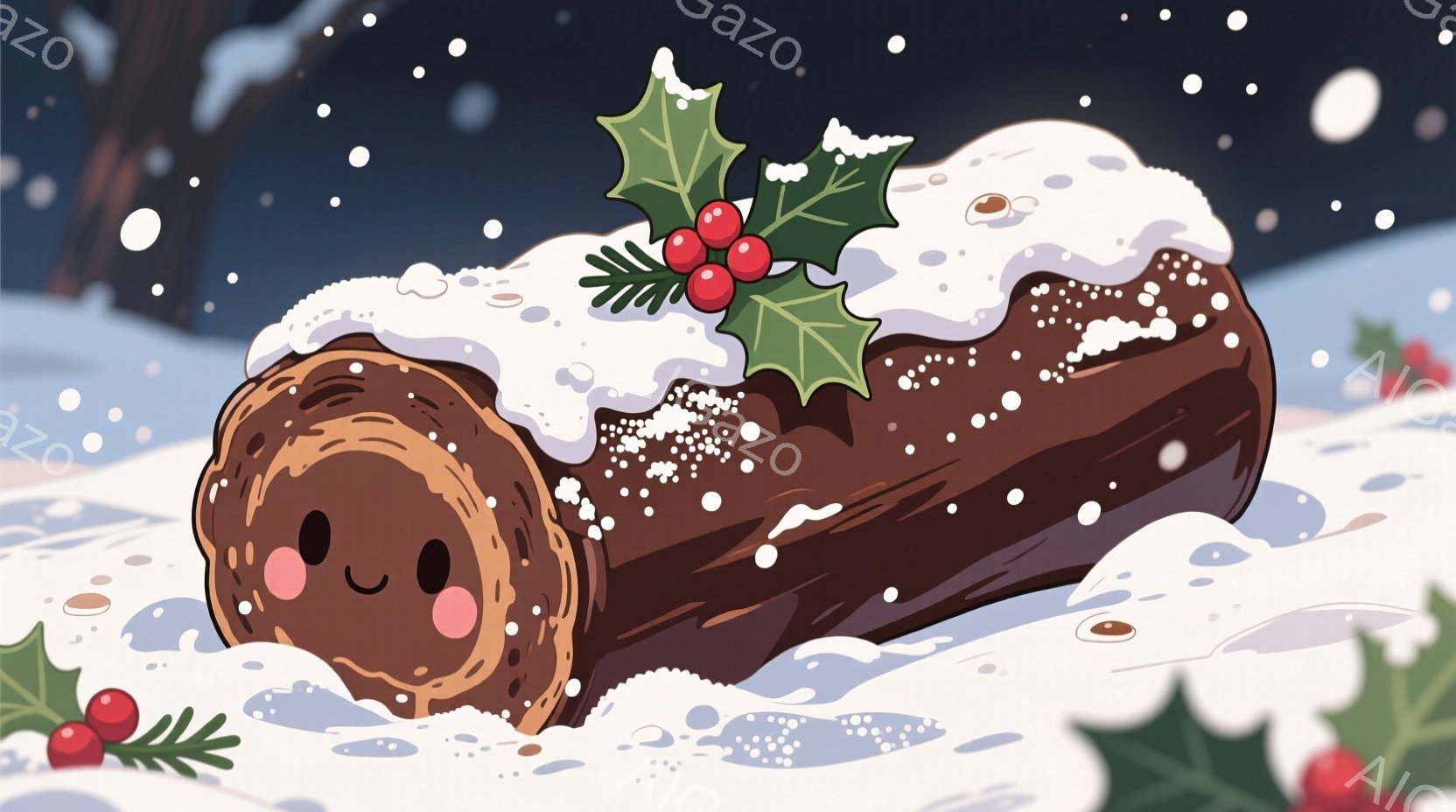 雪景色の中に置かれた可愛らしいブッシュ・ド・ノエルを描いています。チョコレート色のケーキには白いクリームとホーリーの飾りが乗せられており、ケーキの表面には雪が積もっています。背景にはぼんやりとした木々が見え、全体的に温かく、冬の祝祭の雰囲気を醸し出しています。