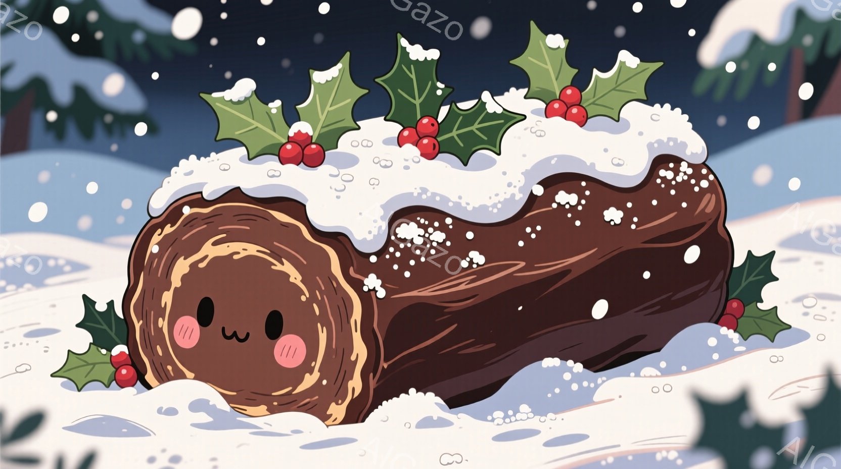 チョコレート色の可愛らしいブッシュ・ド・ノエルが雪景色の中にいます。丸い頬とつぶらな瞳が特徴的で、可愛らしい表情をしています。背景には緑の木々と雪が舞い、冬の暖かく穏やかな雰囲気を醸し出しています。