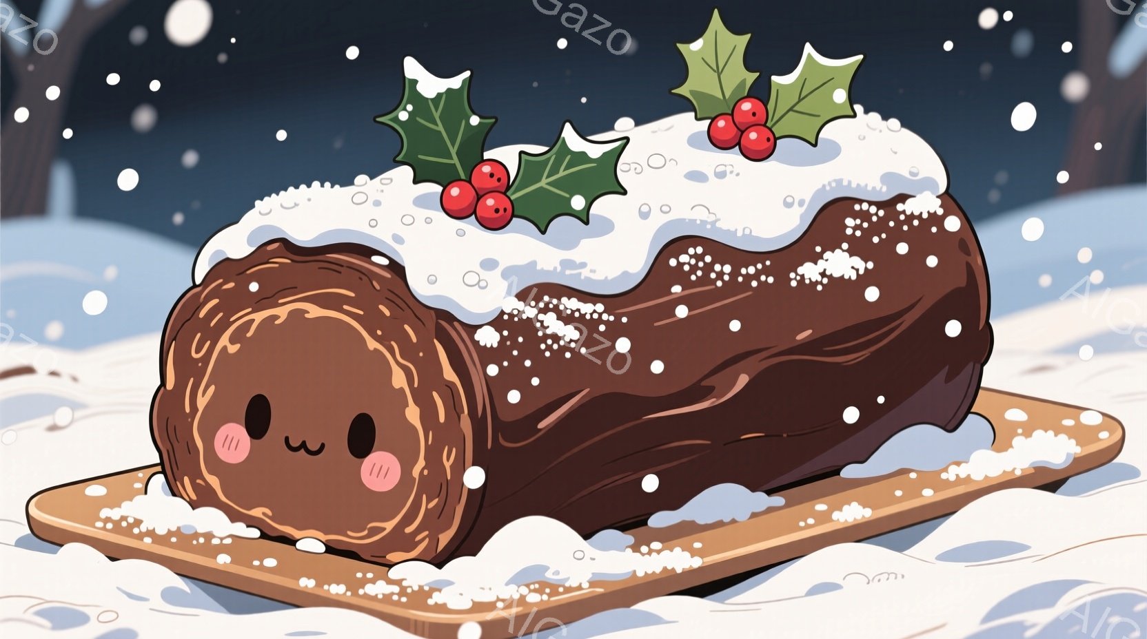 これは可愛らしいブッシュ・ド・ノエルです。茶色のスポンジケーキに白いクリームが塗られ、赤い実と緑の葉っぱで飾られています。背景には雪が舞っており、冬の温かい雰囲気を醸し出しています。