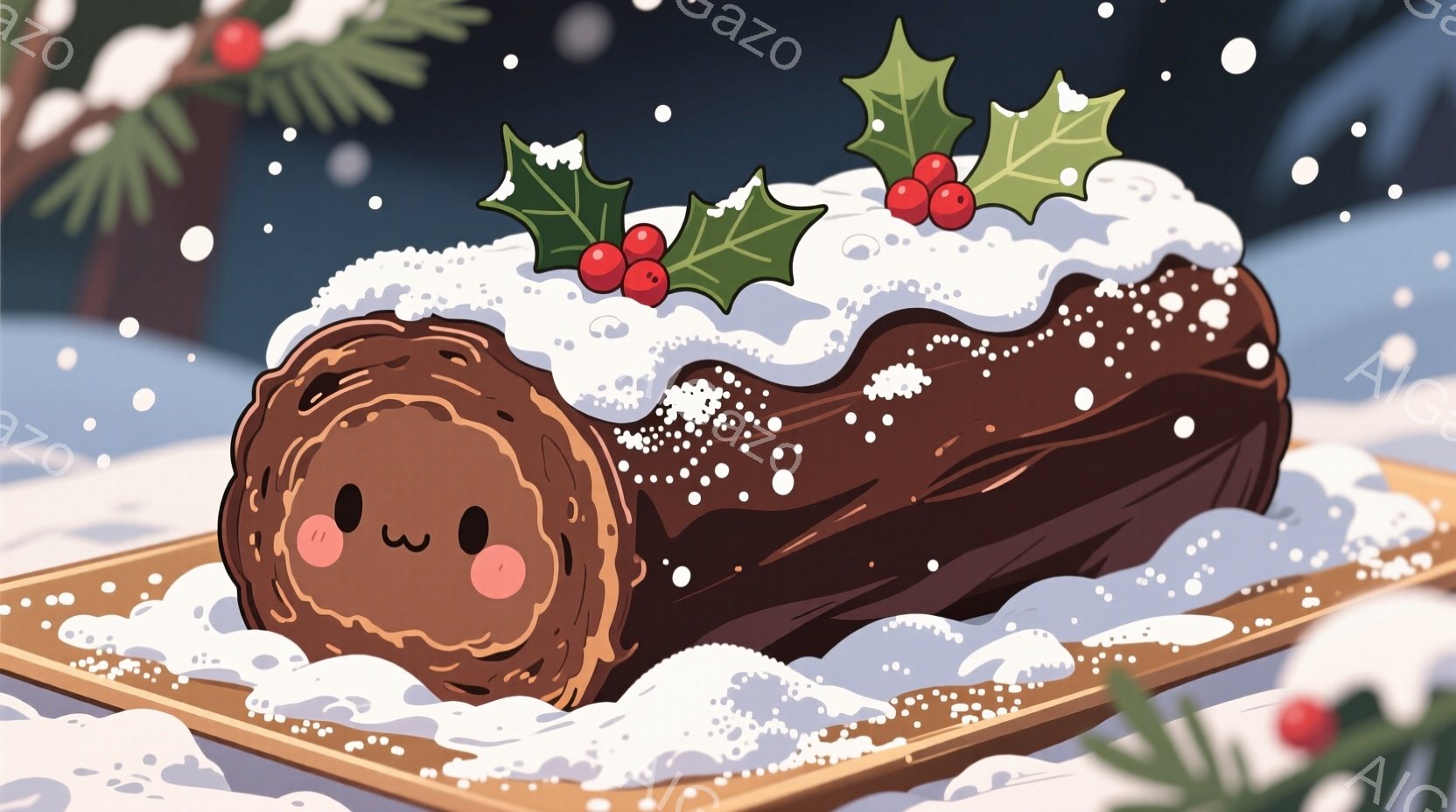 チョコレートケーキのロールケーキが描かれています。ケーキは木の切り株のように見え、かわいらしい顔が描かれており、雪が降る中、木製の皿の上に置かれています。赤い実と緑の葉っぱが飾られており、冬の温かく優しい雰囲気を醸し出しています。
