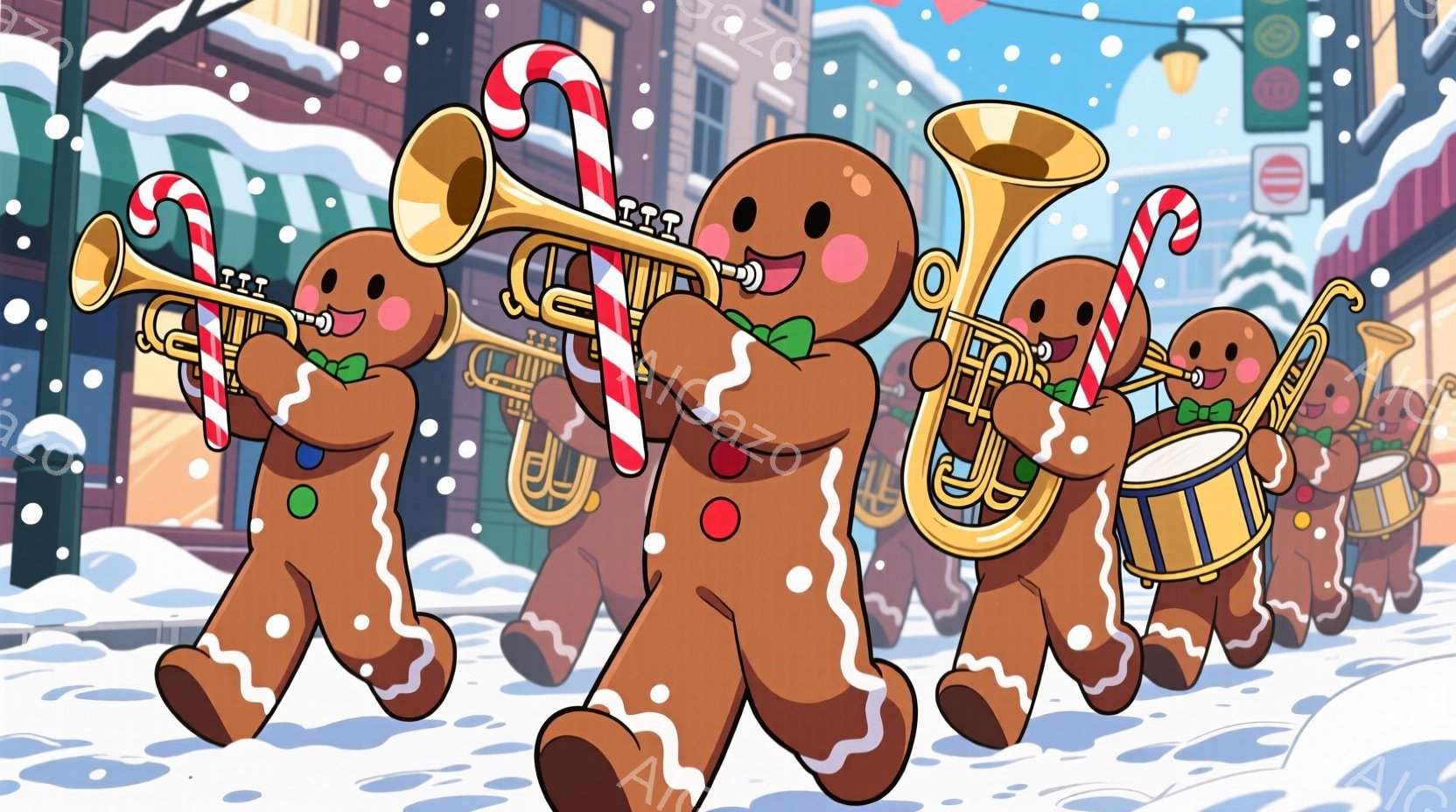 ジンジャーブレッドマンたちが雪の中で行進しています。彼らはそれぞれトランペットやドラムなどの楽器を演奏しており、緑色のリボンと赤いキャンディケーンで飾られています。背景には雪で覆われた建物があり、全体的に暖かく楽しいクリスマスの雰囲気が漂っています。