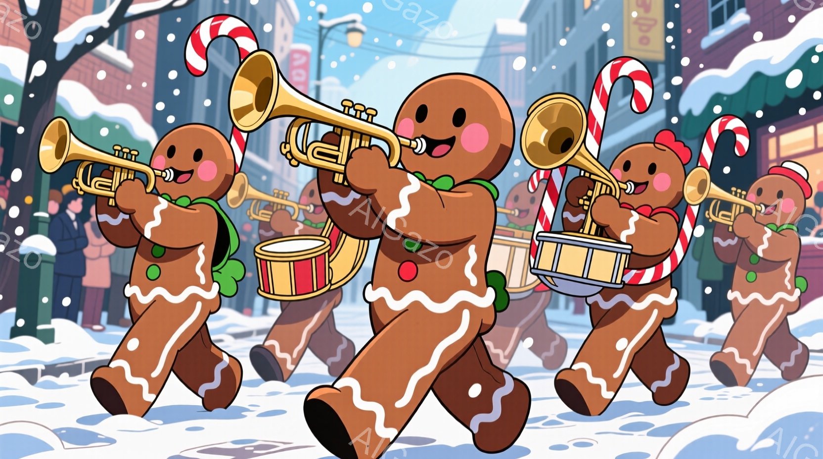 ジンジャーブレッドマンの楽団が雪の降る街をパレードしている様子が描かれています。彼らはそれぞれトランペットやドラムを演奏し、楽しそうな表情を浮かべています。背景にはカラフルな建物や雪景色が広がり、クリスマスの暖かく楽しい雰囲気が漂っています。