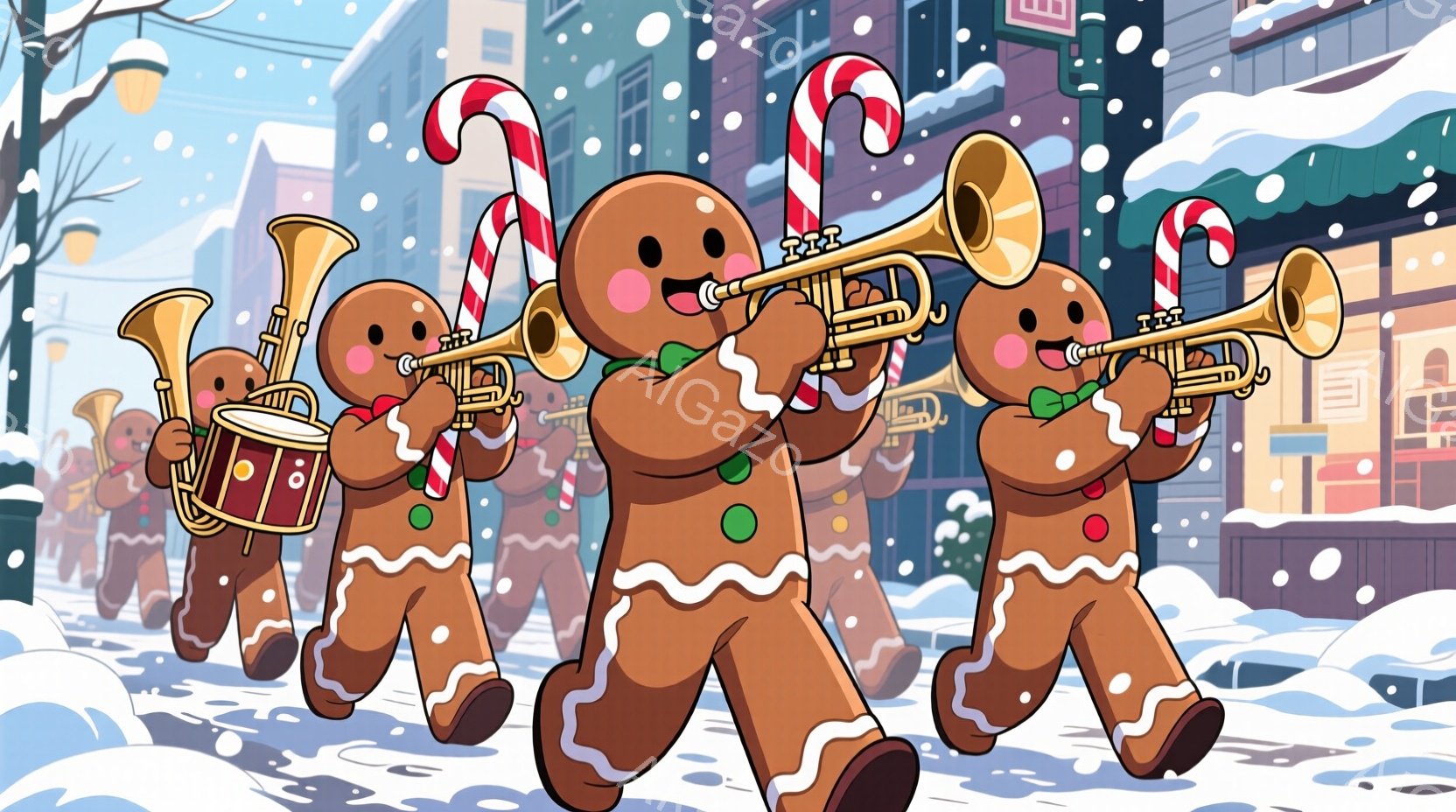 ジンジャーブレッドマンの行進の様子が描かれています。彼らは赤い縞模様のキャンディケーンを持ち、トランペットやドラムを演奏しながら楽しそうに行進しています。背景には雪が降る街並みが見え、可愛らしい雰囲気の中に冬の暖かさが感じられます。
