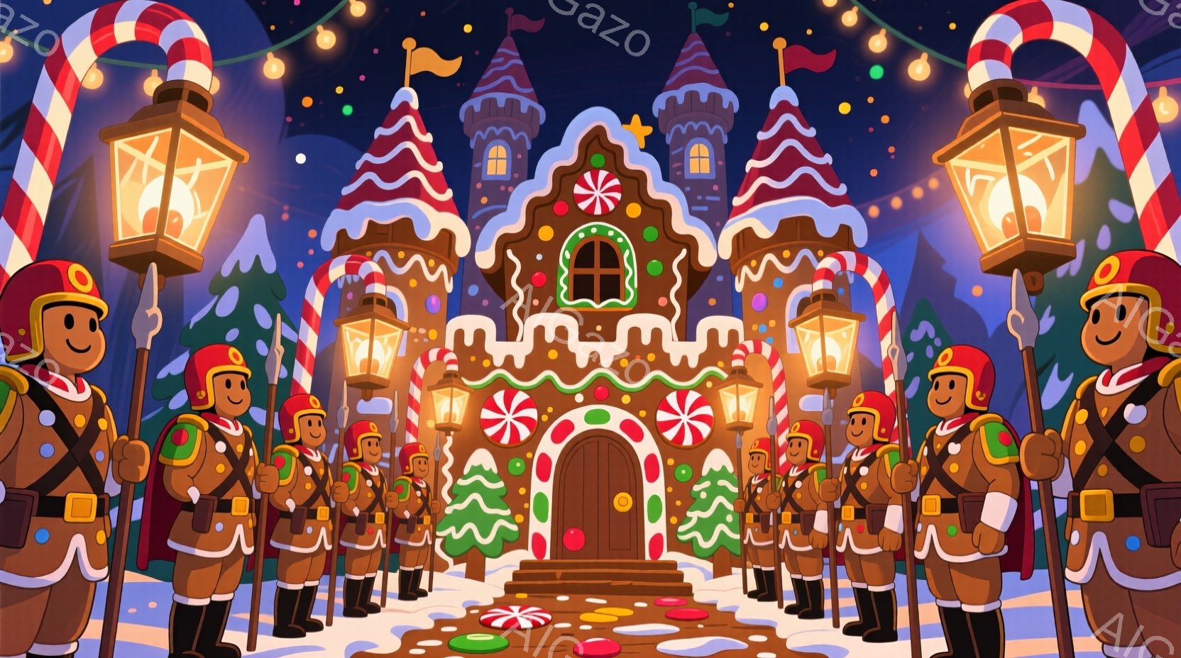 ジンジャーブレッドマンの兵士たちが整列し、カラフルなキャンディケーンと雪に覆われたファンタジーの家を取り囲んでいます。兵士たちは赤い帽子と制服を着ており、真剣な表情でまっすぐに立っています。背景には、雪が降る夜空と、点在するカラフルなキャンディが散らばる幻想的な風景が広がっています。