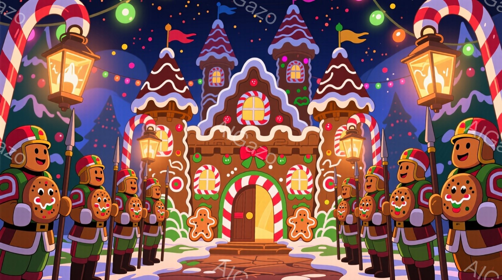 ジンジャーブレッドマンの兵士たちが、お菓子の家を取り囲んで整列しています。兵士たちは赤い帽子とコートを着ており、それぞれ手にクッキーを持っていて、笑顔でまっすぐに立っています。背景には、雪が降る夜の、お菓子で飾られたお城のような家があり、全体的に暖かく、お祝いムードに満ちた雰囲気です。