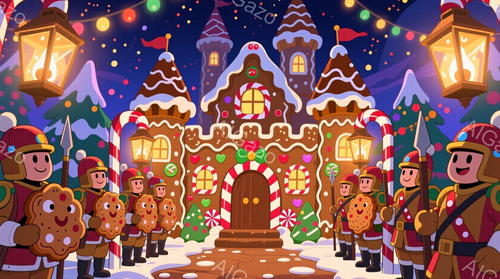 クッキーを持った兵士のような姿をした人々が、お菓子の家を取り囲んでいます。兵士たちは赤い帽子と制服を着ており、笑顔でまっすぐ立っています。背景には雪景色と、お菓子で飾られた可愛らしい家があり、全体的に暖かく、お祝いムードにあふれています。